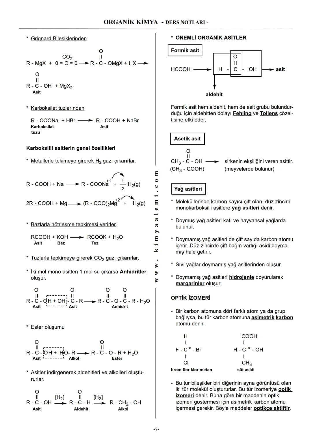 ORGANİK KİMYA - DERS NOTLARI -
Alifatik
HİDROKARBONLAR
(Zincir yada halkalı)
Doymuş
↓
Doymamış
↓↓
Alkanlar
Alkan Alkin
Aromatik
(Arenler)
