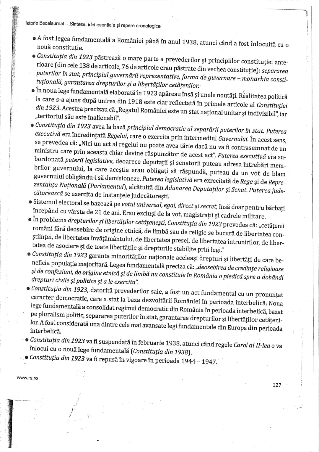 Istorie Bacalaureat - Sinteze, idei esentiale şi repere cronologice
Constituţiile României
• Constituţia este o creație a epocii moderne.
