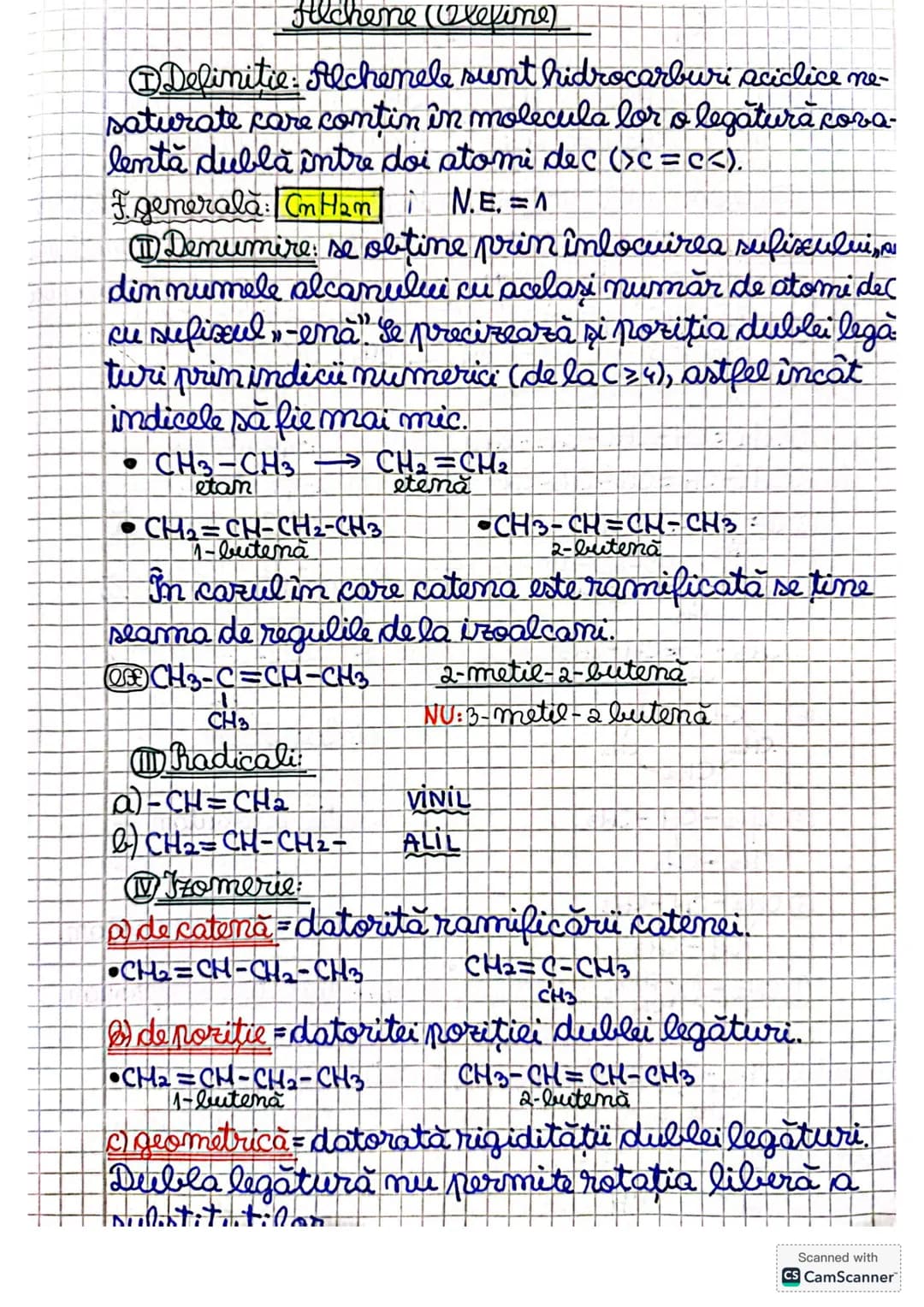# Alchene (Olefine)
①Definitie: Alchenele sunt hidrocarburi aciclice ne-
saturate care conțin în molecula lor o legătură cora-
lentă dublă