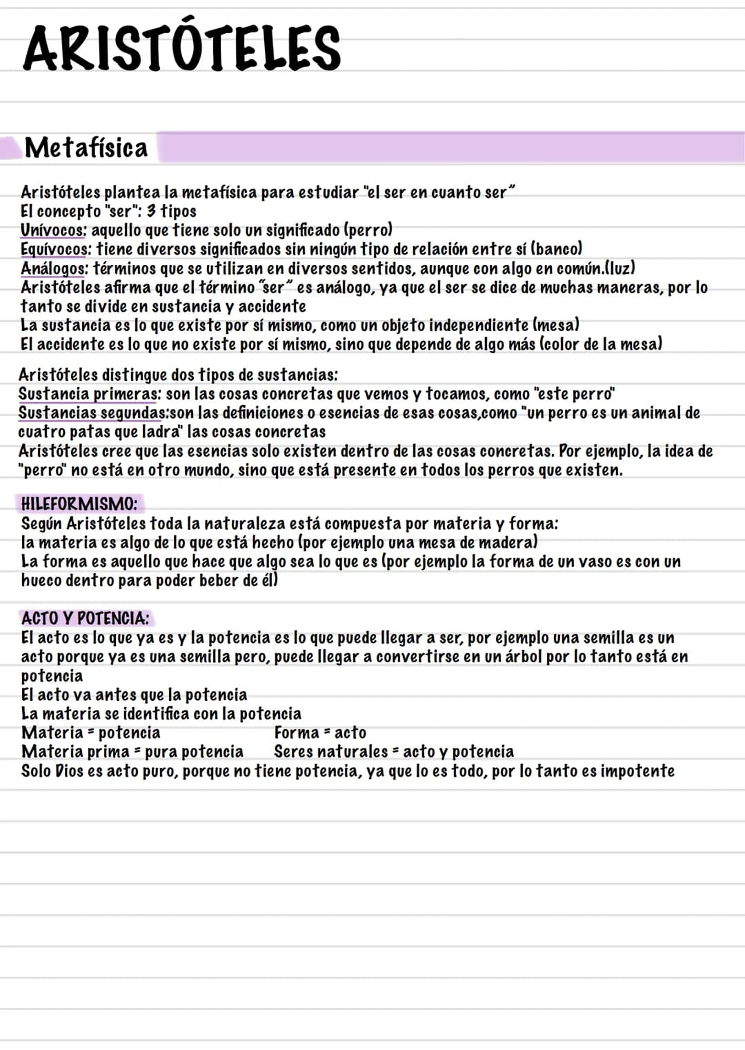 # ARISTÓTELES
Metafísica
Aristóteles plantea la metafísica para estudiar "el ser en cuanto ser"
El concepto "ser": 3 tipos
Unívocos: aquel