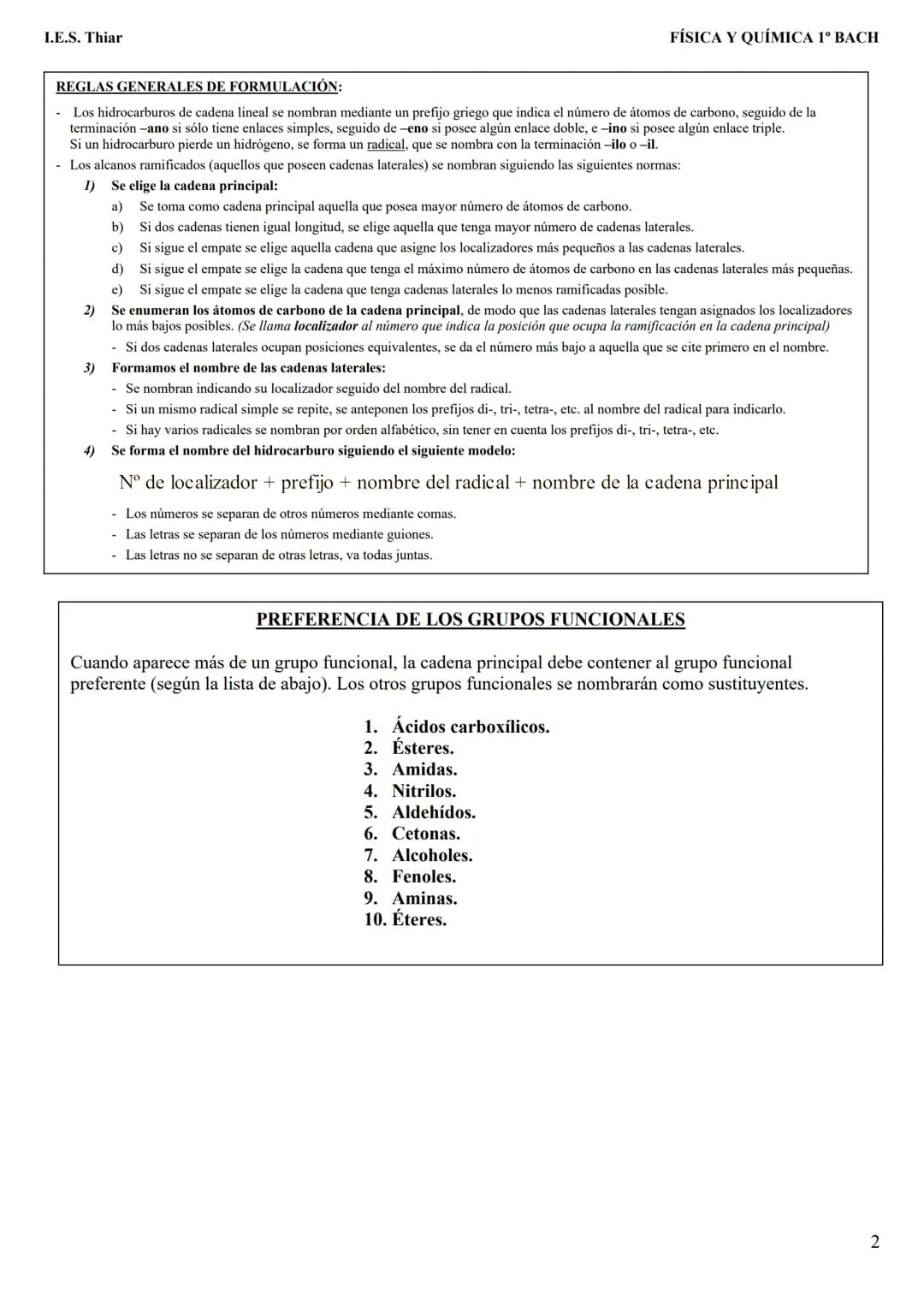 # I.E.S. Thiar
# REGLAS GENERALES DE FORMULACIÓN:
FÍSICA Y QUÍMICA 1º BACH
- Los hidrocarburos de cadena lineal se nombran mediante un pr