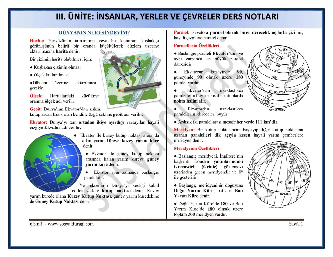 III. ÜNİTE: İNSANLAR, YERLER VE ÇEVRELER DERS NOTLARI
DÜNYANIN NERESİNDEYİM?
Harita: Yeryüzünün tamamının veya bir kısmının, kuşbakışı
gör