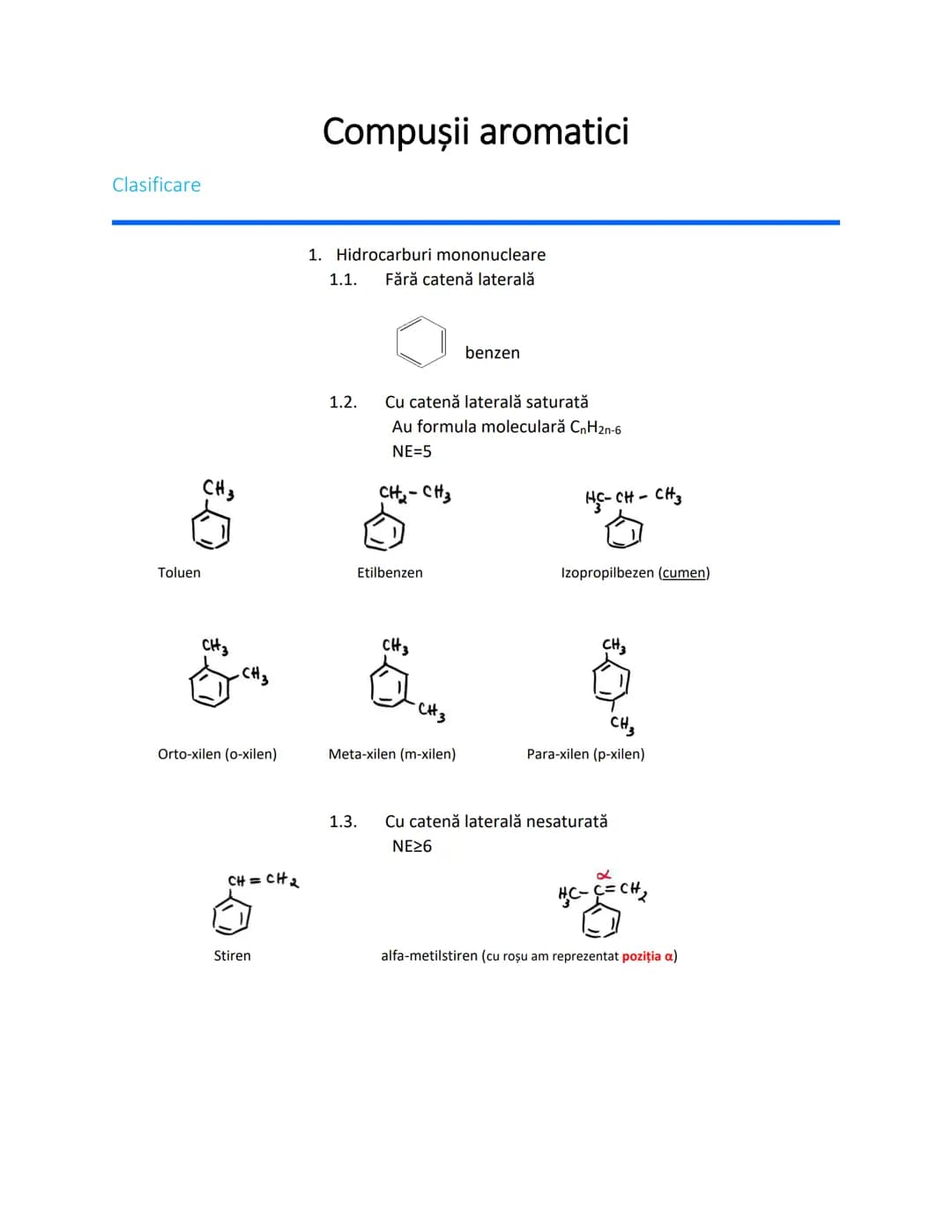 Clasificare
Compuşii aromatici
1. Hidrocarburi mononucleare
1.1. Fără catenă laterală
benzen
1.2. Cu catenă laterală saturată
Au formula