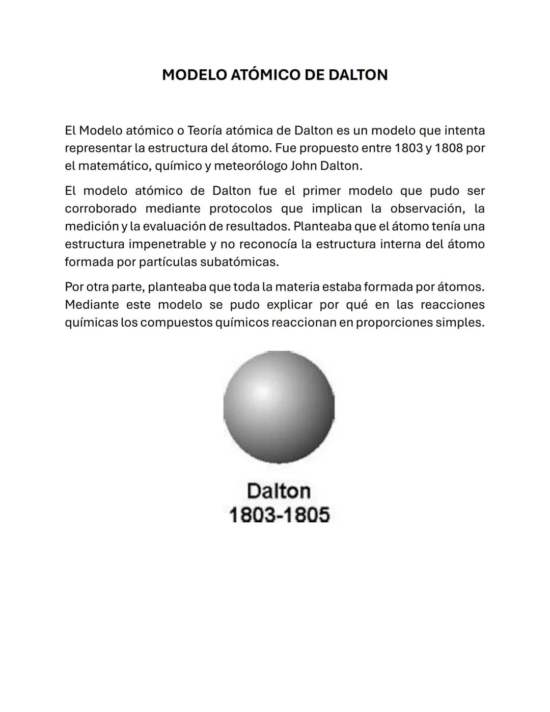 # MODELO ATÓMICO DE DALTON
El Modelo atómico o Teoría atómica de Dalton es un modelo que intenta
representar la estructura del átomo. Fue p