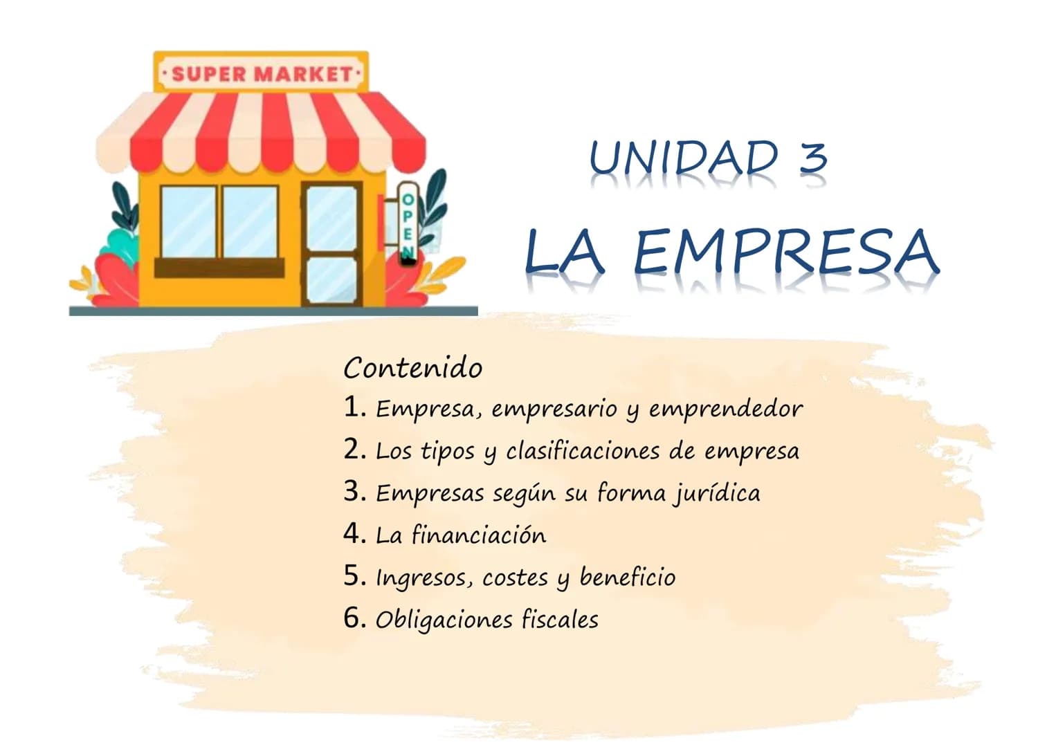 SUPER MARKET
OPEN
UNIDAD 3
LA EMPRESA
Contenido
1. Empresa, empresario y emprendedor
2. Los tipos y clasificaciones de empresa
3. Emp