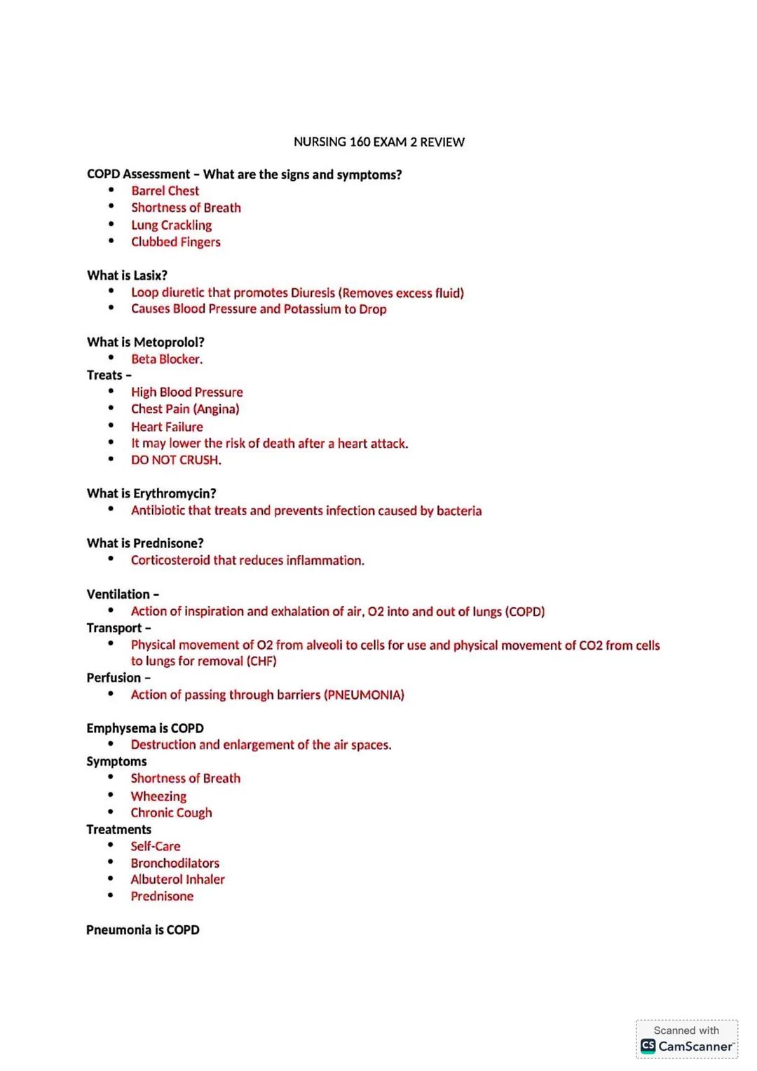 NURSING 160 EXAM 2 REVIEW
COPD Assessment - What are the signs and symptoms?
- Barrel Chest
- Shortness of Breath
- Lung Crackling
- Clubbe