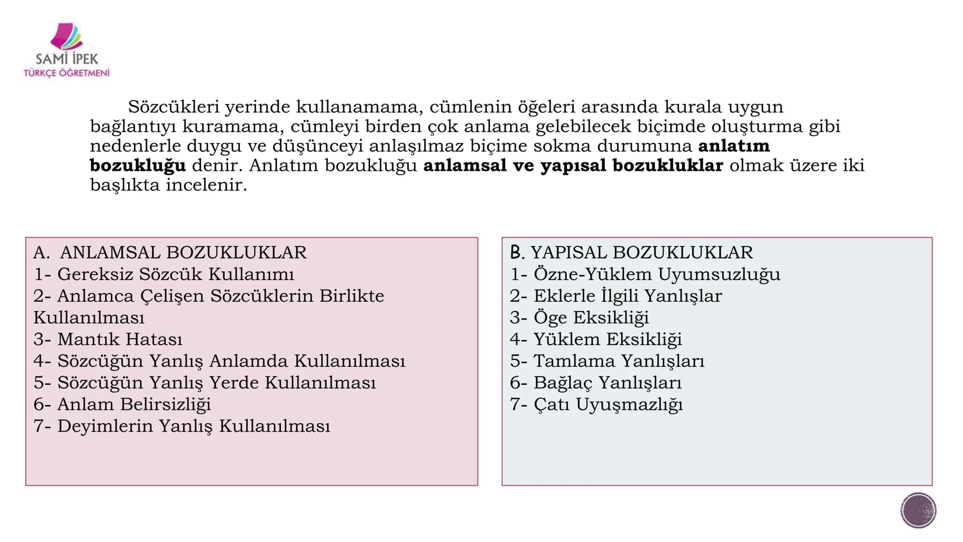 # ANLATIM BOZUKLUĞU
## (8. SINIF)
Sami İPEK
TÜRKÇE ÖĞRETMENİ
SAMI İPEK
TÜRKÇE ÖĞRETMENİ SAMİ İPEK
TÜRKÇE ÖĞRETMENİ
Sözcükleri yerinde ku