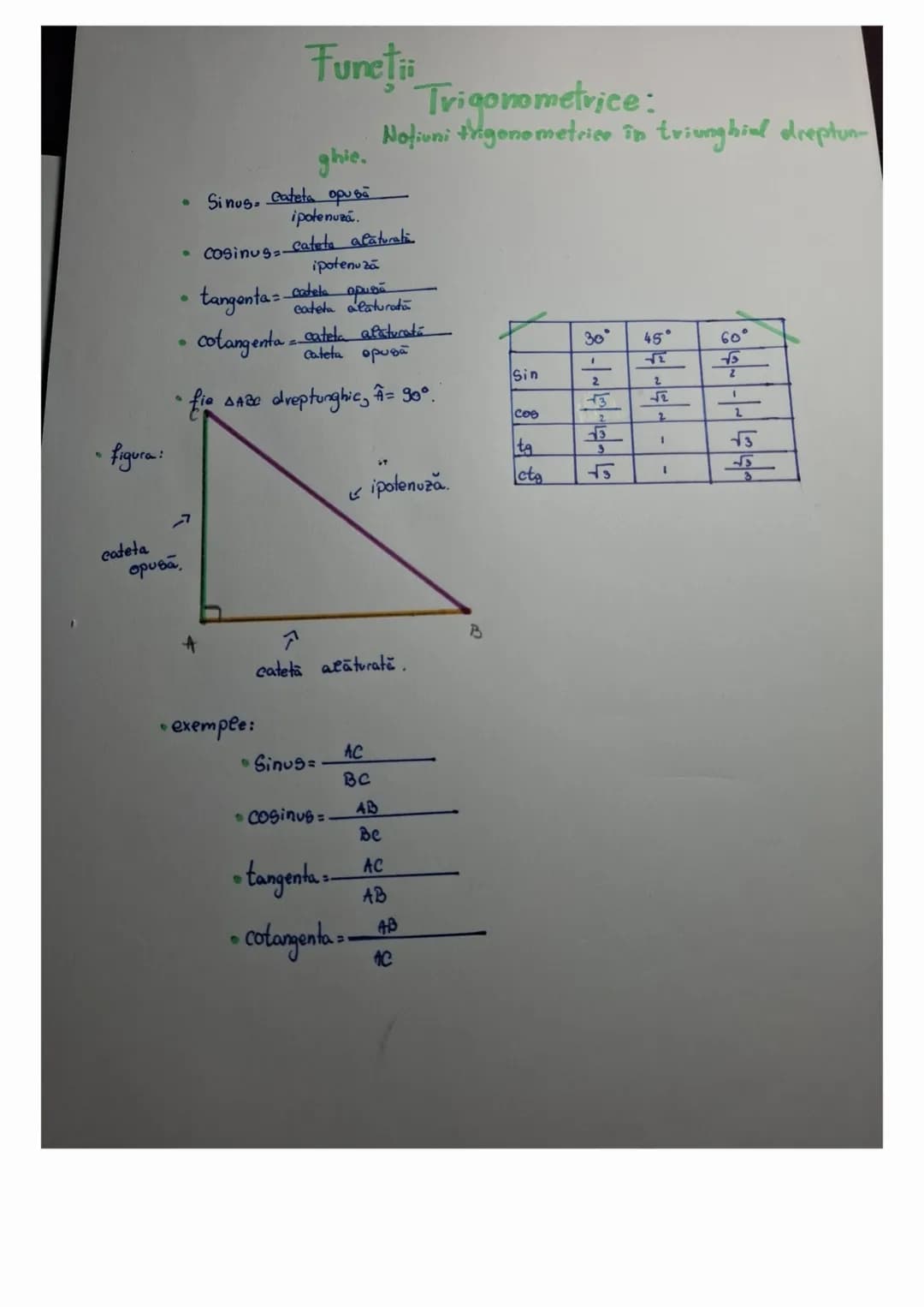Funeții
Trigonometrice:
Notiuni trigonometrice în triunghial dreptun
ghie.
- Sinus. cateta opuσά
ipotenuză.
- cosinus catete alăturati
ip