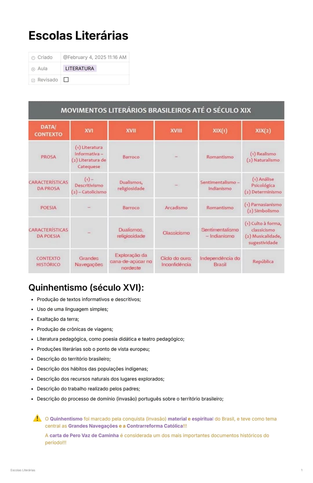 # Escolas Literárias
* Criado @February 4, 2025 11:16 AM
* Aula LITERATURA
* Revisado
## MOVIMENTOS LITERÁRIOS BRASILEIROS ATÉ O SÉCULO XI
