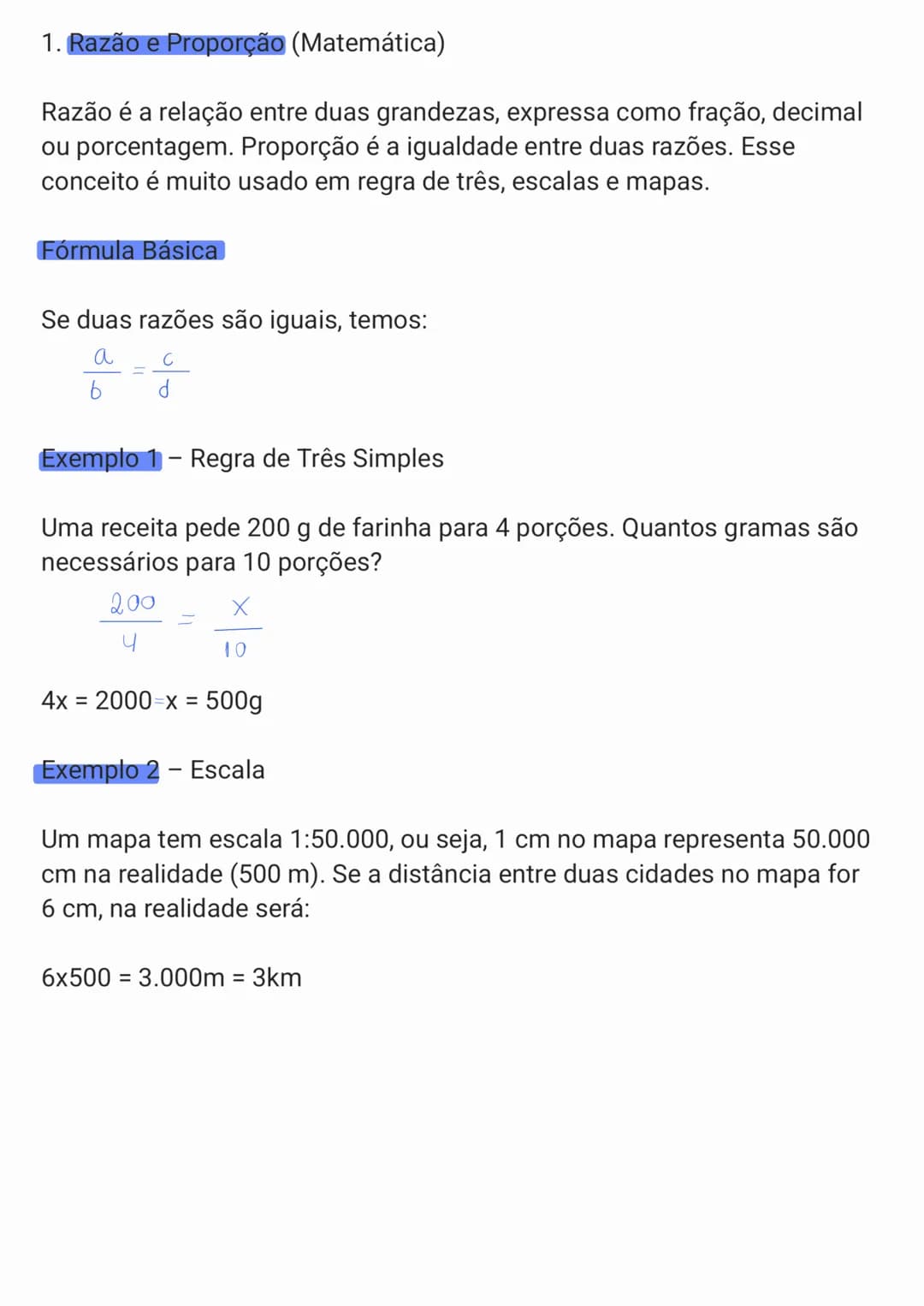 # 1. Razão e Proporção (Matemática)
Razão é a relação entre duas grandezas, expressa como fração, decimal
ou porcentagem. Proporção é a igu