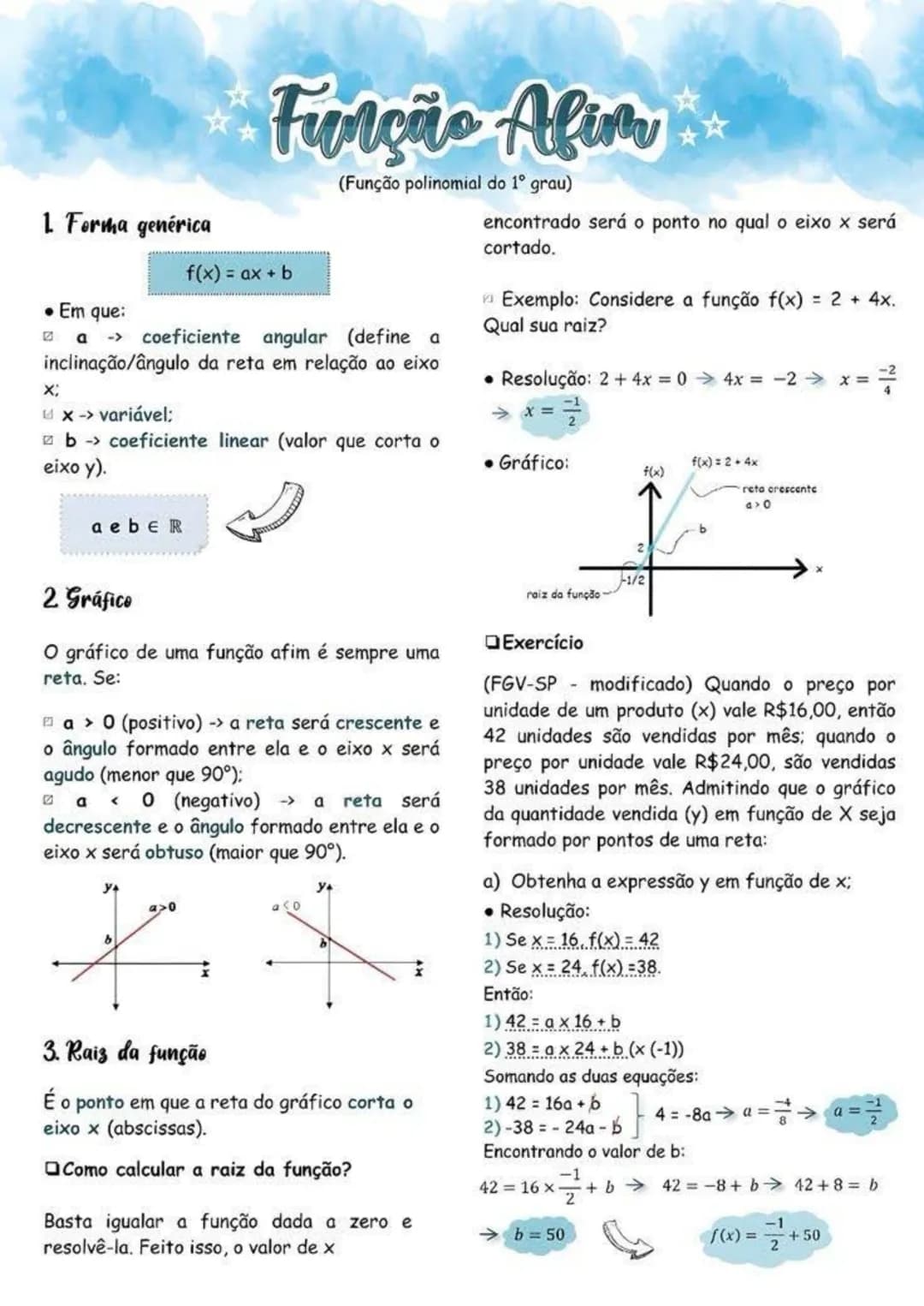 ## Função Afim
(Função polinomial do 1º grau)
1 Forma genérica
$f(x) = ax + b$
• Em que:
a -> coeficiente angular (define a inclinação/â
