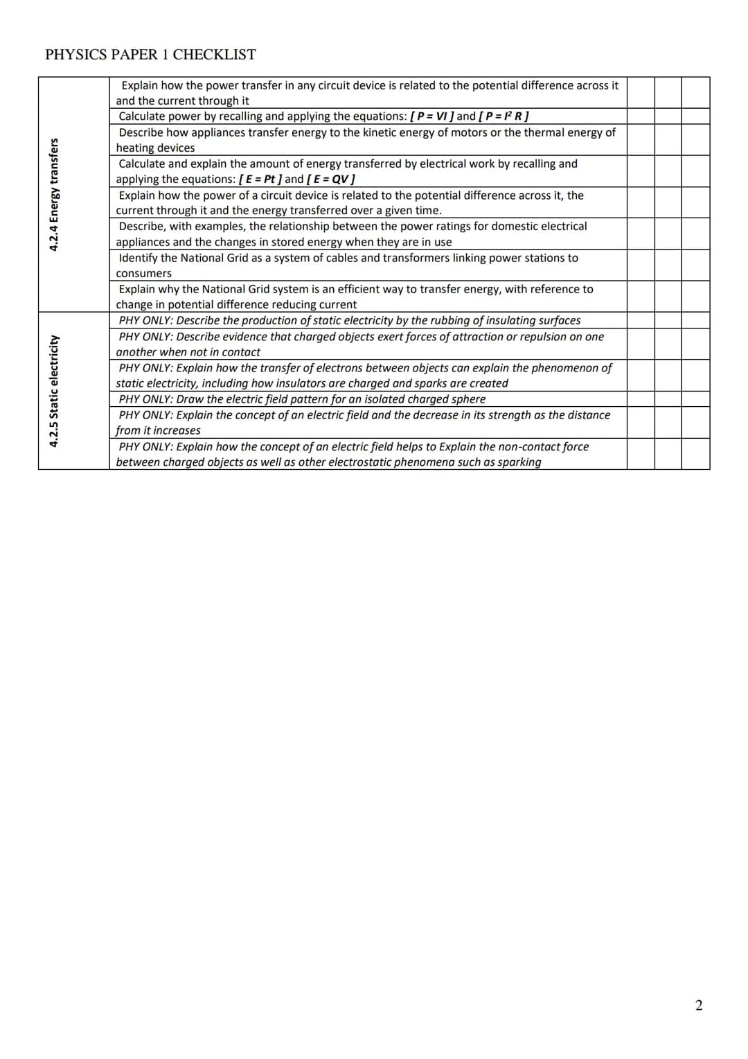 PHYSICS PAPER 1 CHECKLIST
Topic
4.1.1 Energy changes in a system, and the
ways energy is
stored before and after such changes
4.1.2 Conse