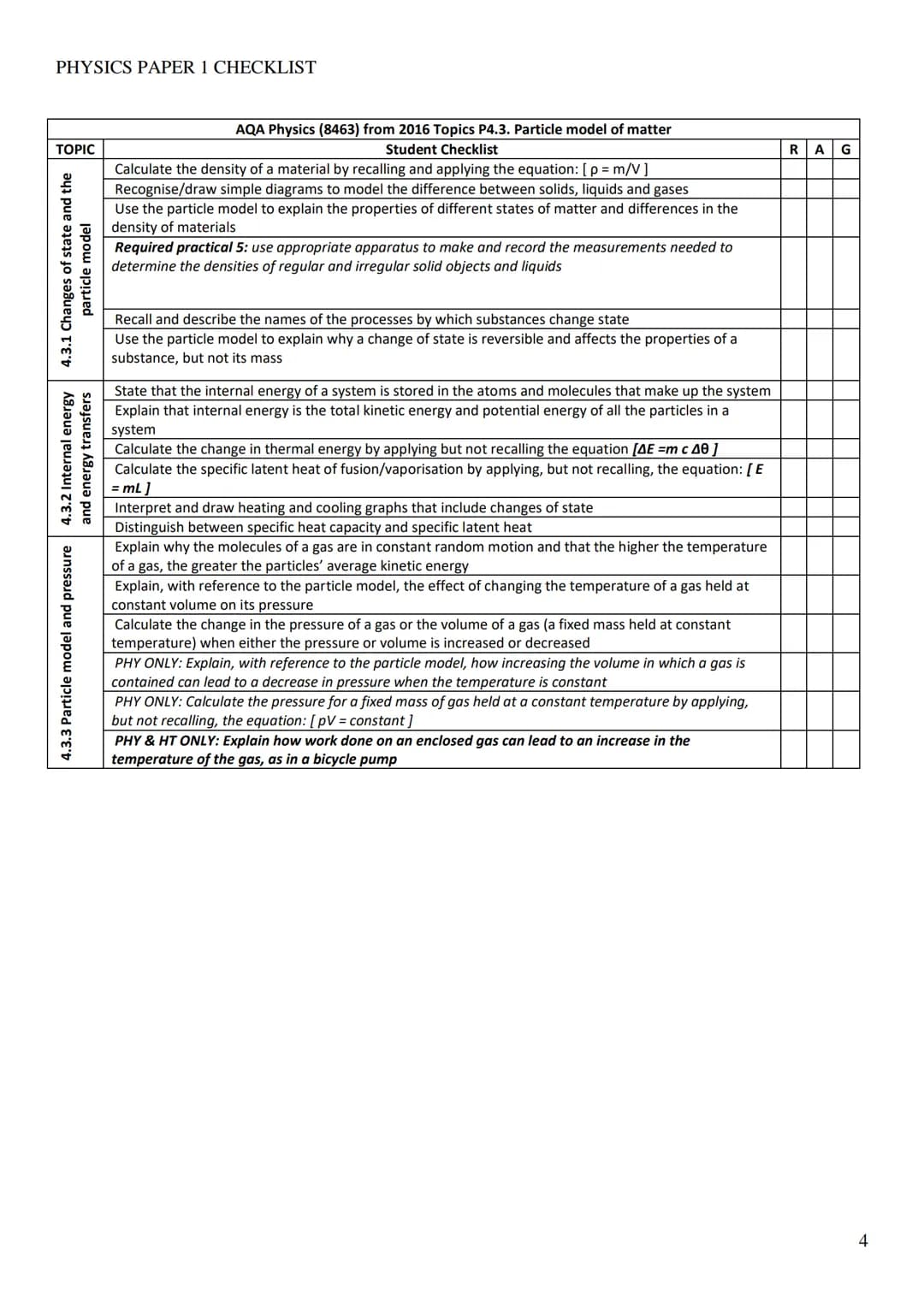 PHYSICS PAPER 1 CHECKLIST
Topic
4.1.1 Energy changes in a system, and the
ways energy is
stored before and after such changes
4.1.2 Conse
