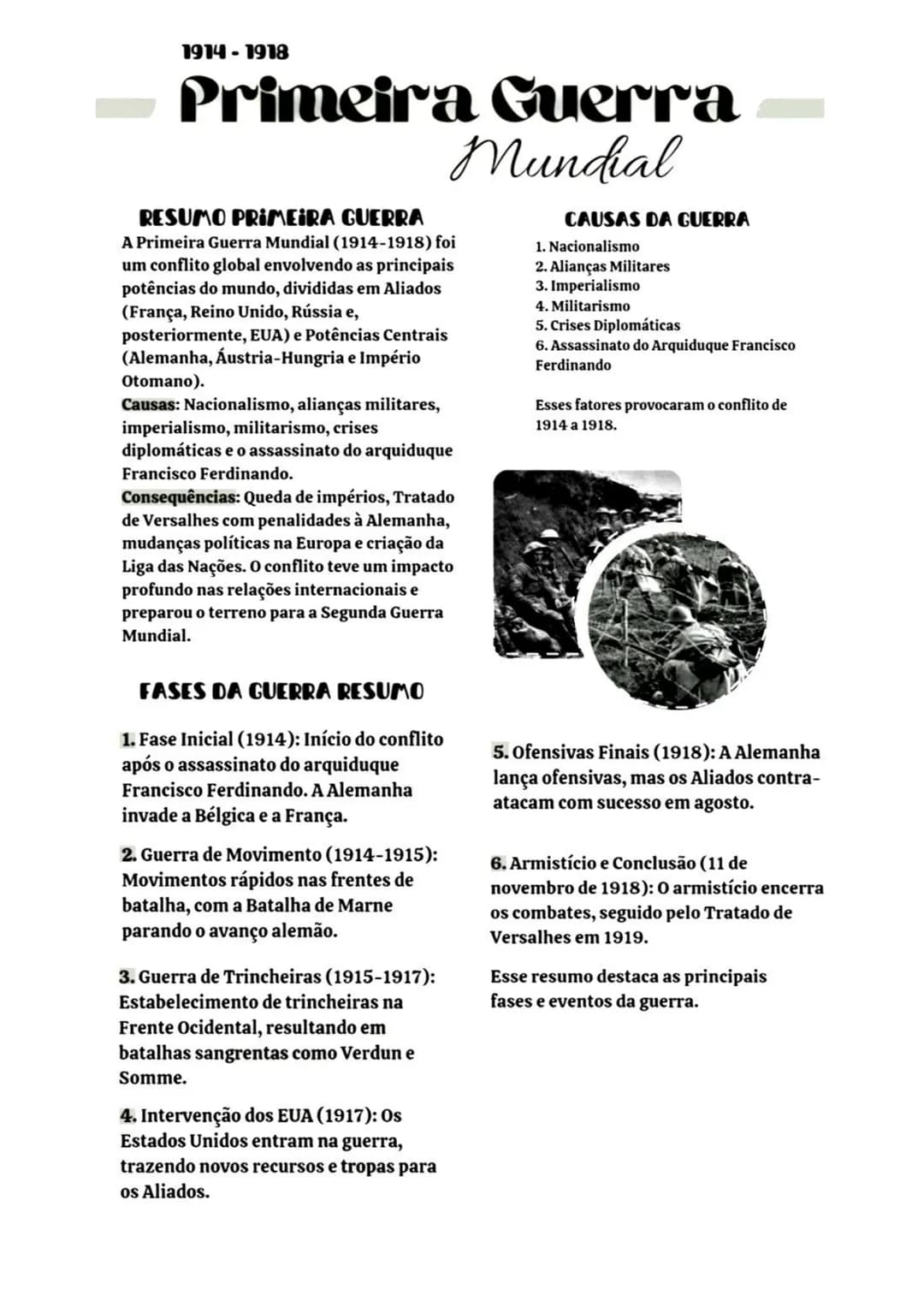 1914-1918
# Primeira Guerra
## Mundial
**RESUMO PRIMEIRA GUERRA**
A Primeira Guerra Mundial (1914-1918) foi
um conflito global envolvendo
