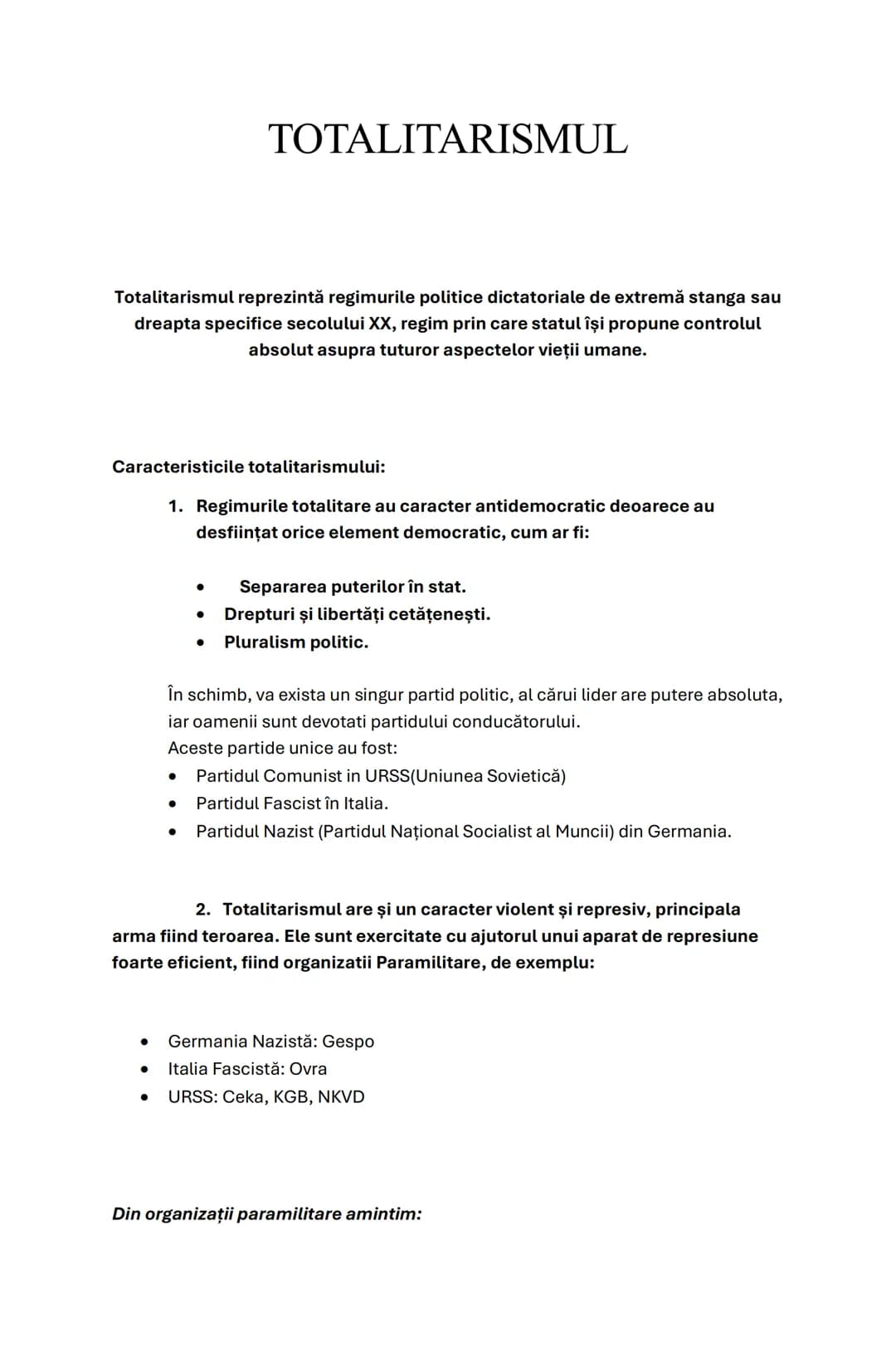 # TOTALITARISMUL
Totalitarismul reprezintă regimurile politice dictatoriale de extremă stanga sau
dreapta specifice secolului XX, regim pri