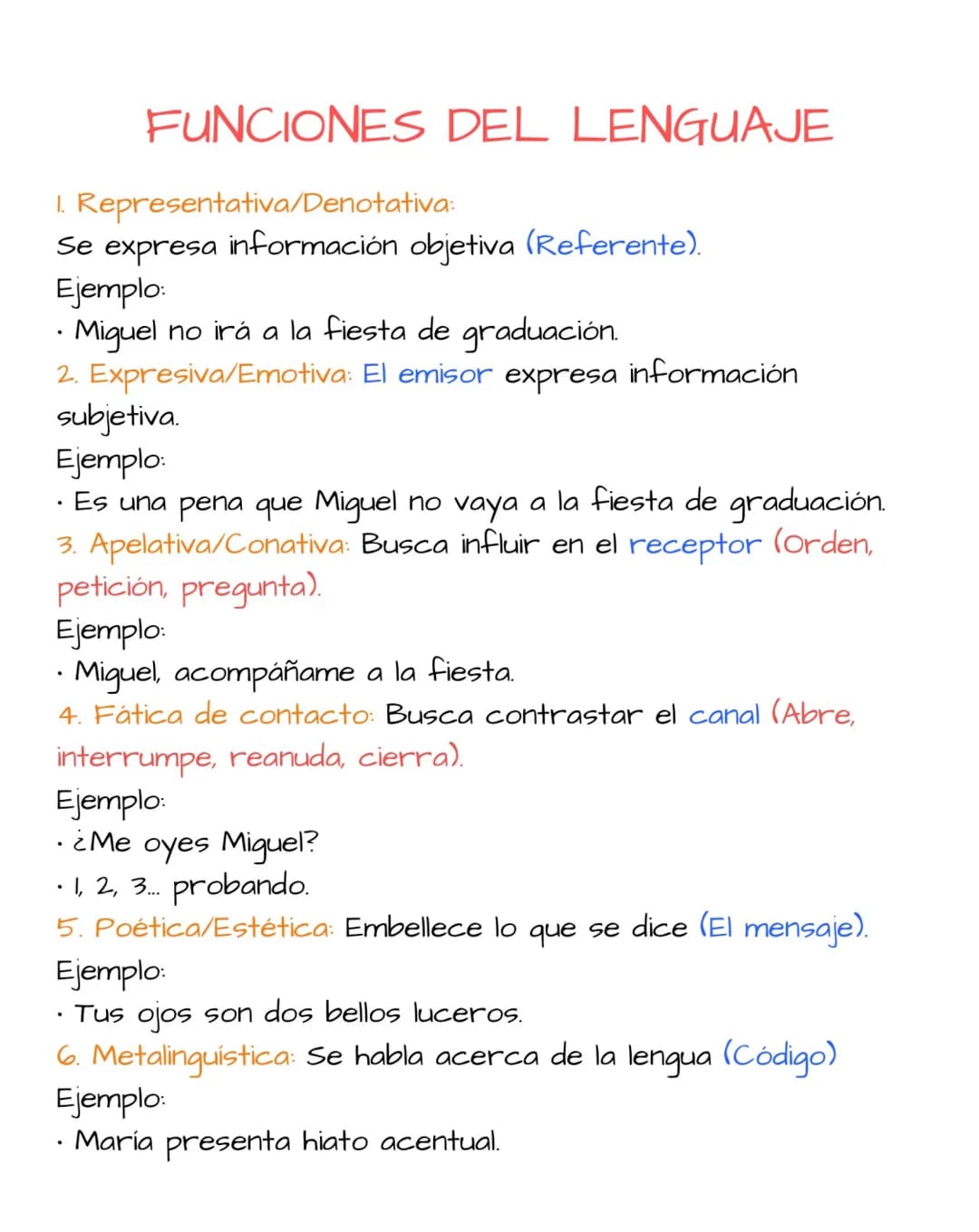 # FUNCIONES DEL LENGUAJE
1. Representativa/Denotativa:
Se expresa información objetiva (Referente).
Ejemplo:
* Miguel no irá a la fiesta
