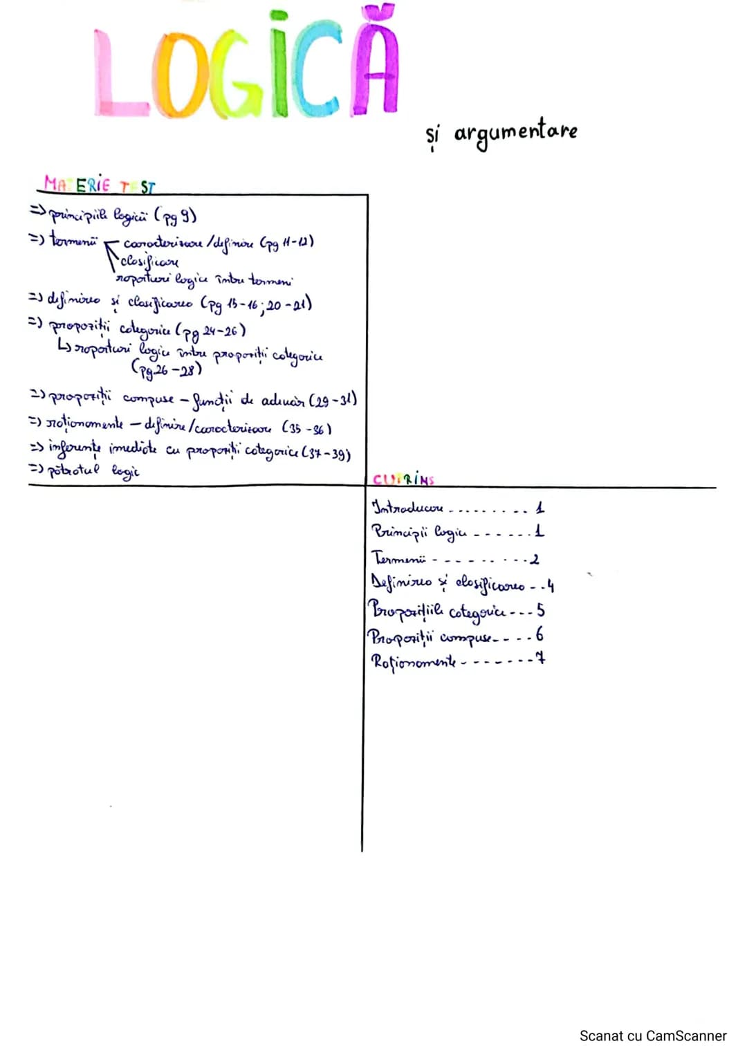 și argumentare
LOGICĂ
MATERIE TEST
=> principiile logici (p9 9)
=> tormini caracterisure/definire (pg H-12)
closificare
roporturi logi