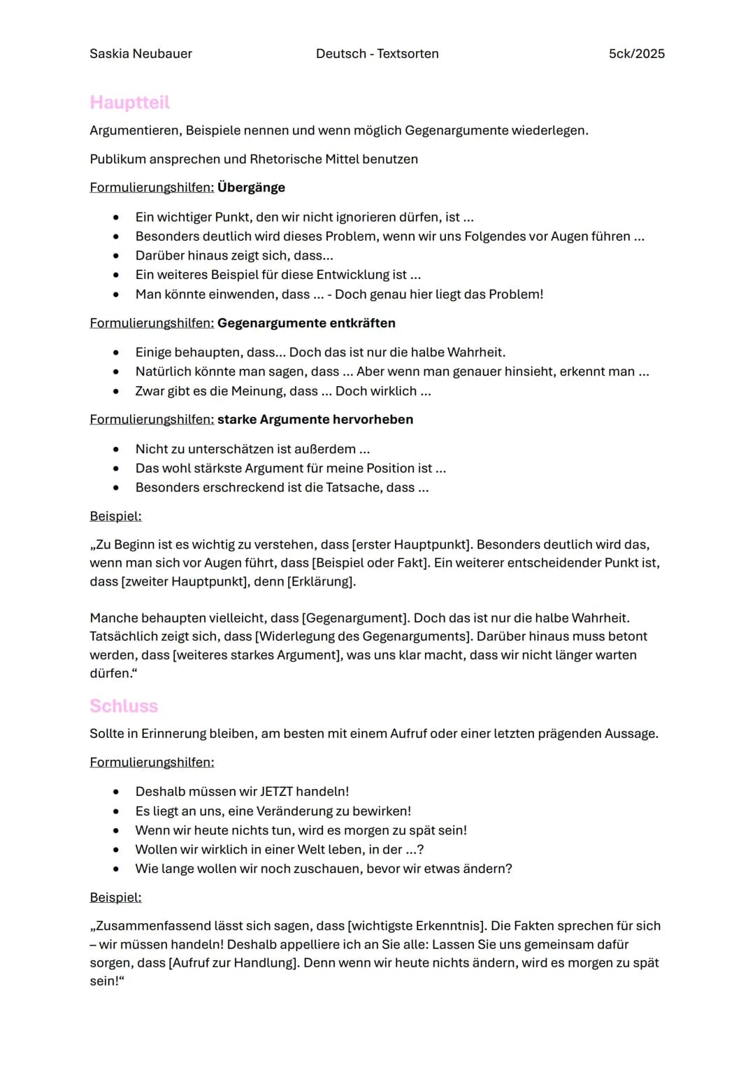 Saskia Neubauer
Deutsch - Textsorten
5ck/2025
# Deutsch - Matura Textsorten
## Zusammenfassung
### Generelles
Die Zusammenfassung ist di