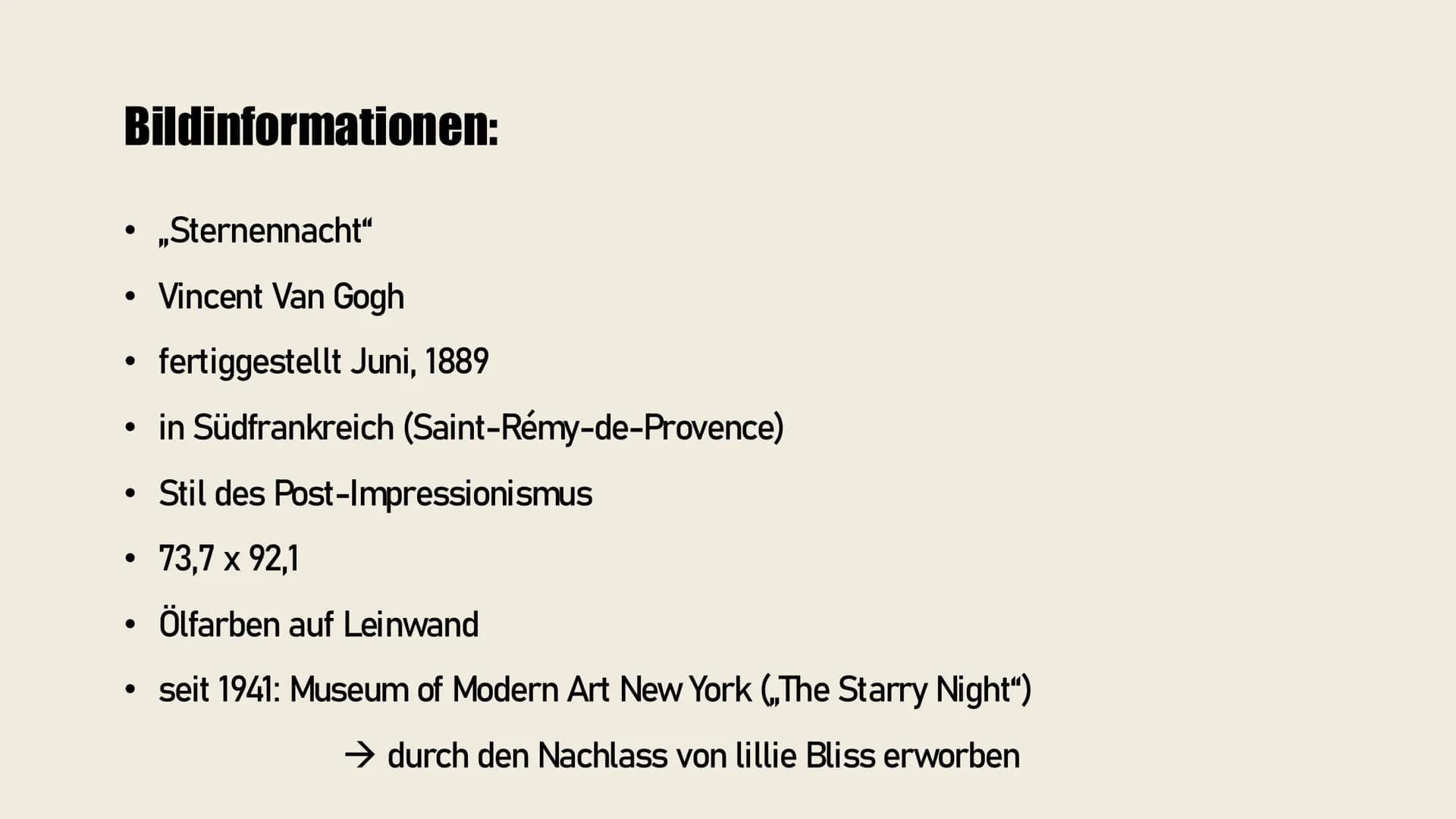 "Sternennacht"
Vincent van Gogh
Martje, Jule Inhaltsverzeichnis
• Bildinformation
• Bildbeschreibung
• Farbanalyse
• Kontraste
• Komp