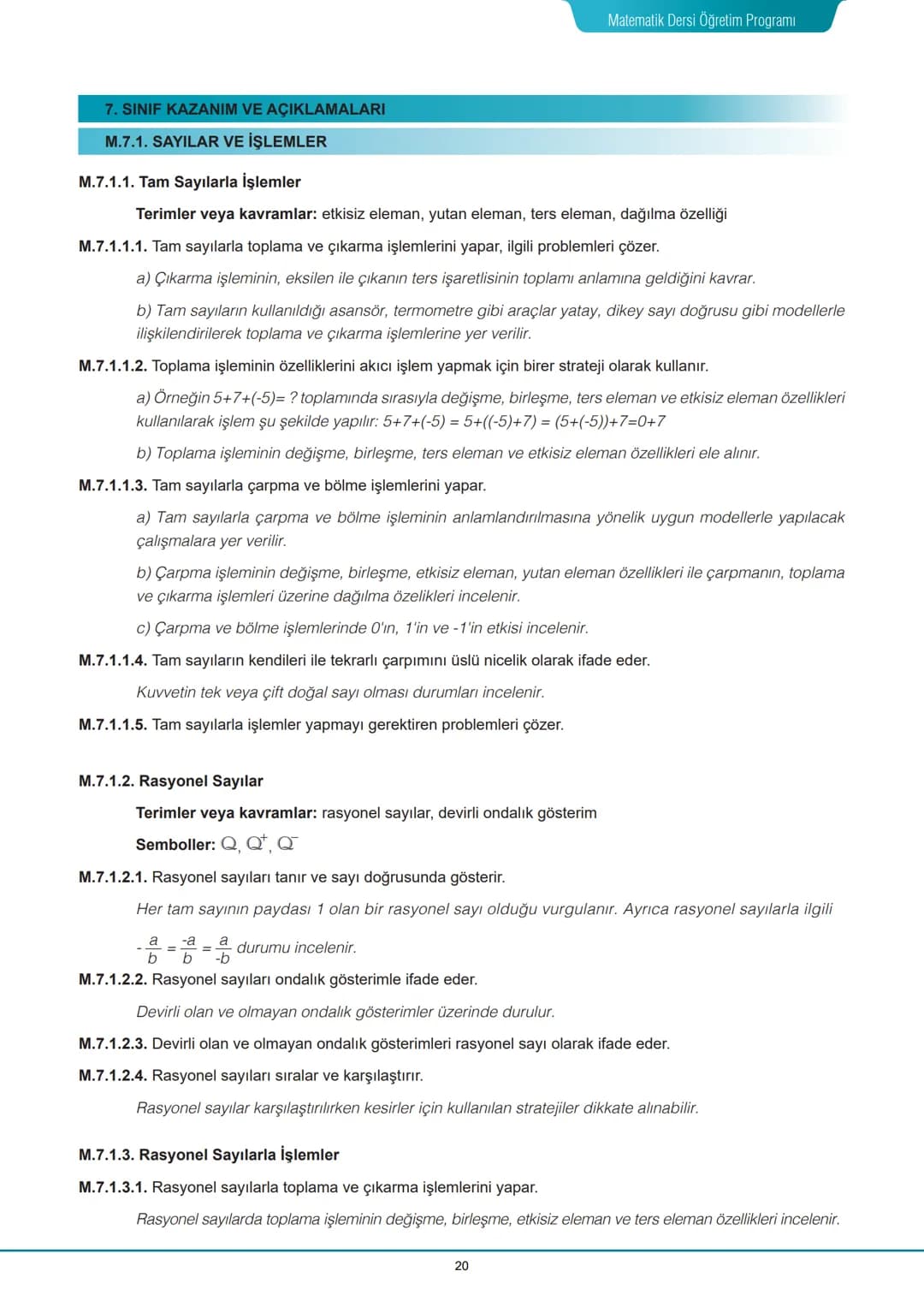 # Matematik Dersi Öğretim Programı
# 7. SINIF KAZANIM VE AÇIKLAMALARI
# M.7.1. SAYILAR VE İŞLEMLER
## M.7.1.1. Tam Sayılarla İşlemler
Te