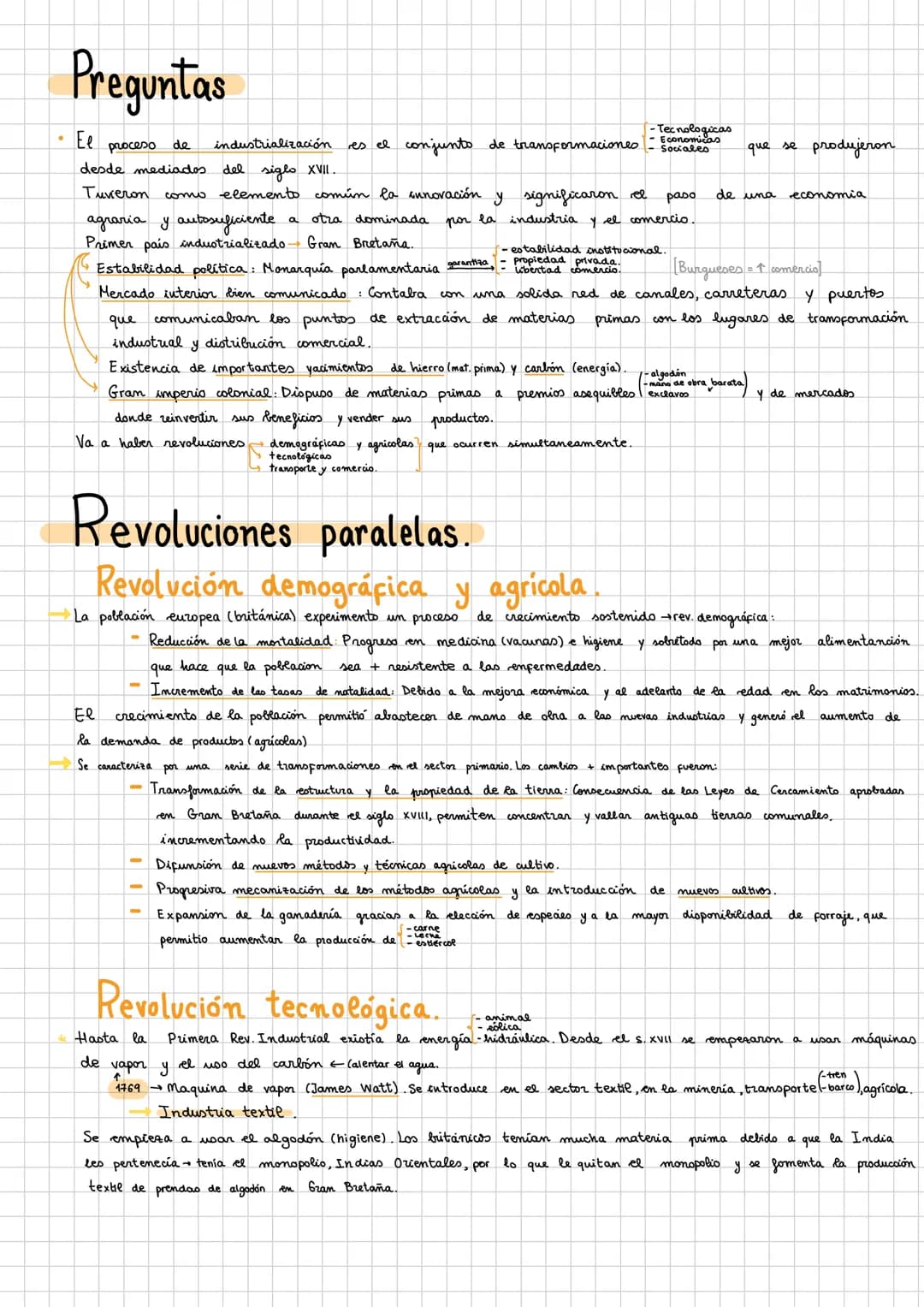 # Preguntas
* El proceso de industrialización es el conjunto de transformaciones
desde mediados del siglo XVII.
* Tuveron como ele