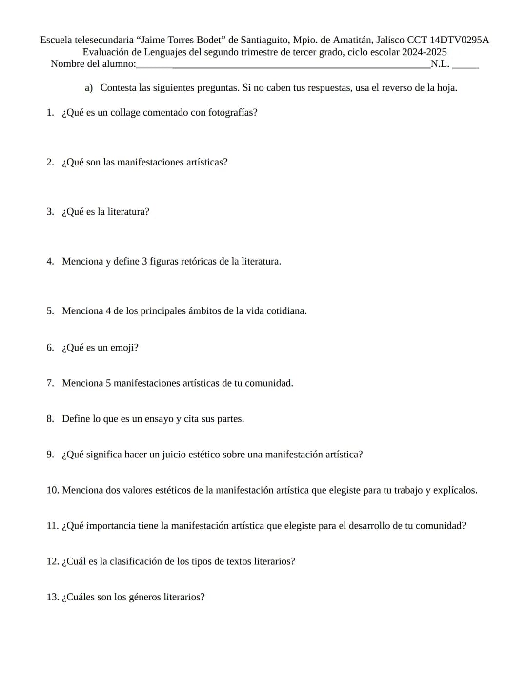 Escuela telesecundaria "Jaime Torres Bodet" de Santiaguito, Mpio. de Amatitán, Jalisco CCT 14DTV0295A
Evaluación de Lenguajes del segundo tr