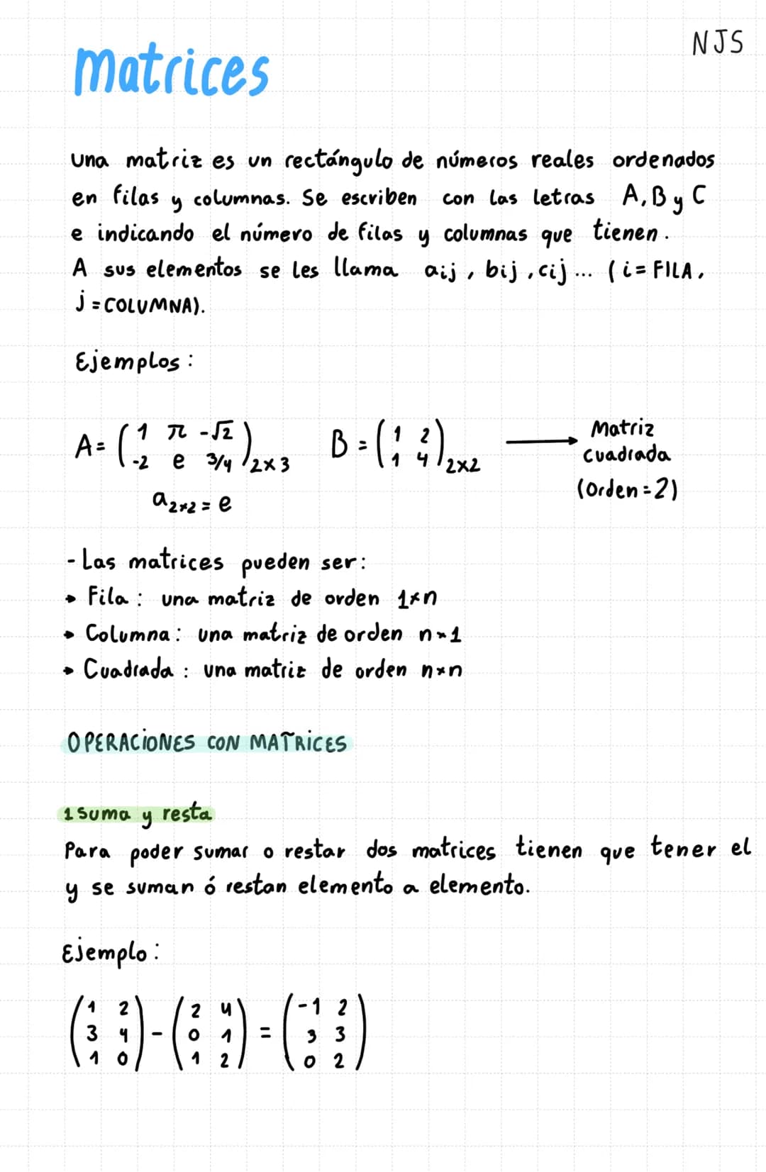 # Matrices
NJS
Una matriz es un rectángulo de números reales ordenados
en filas y columnas. Se escriben con las letras A,By C
e indicando