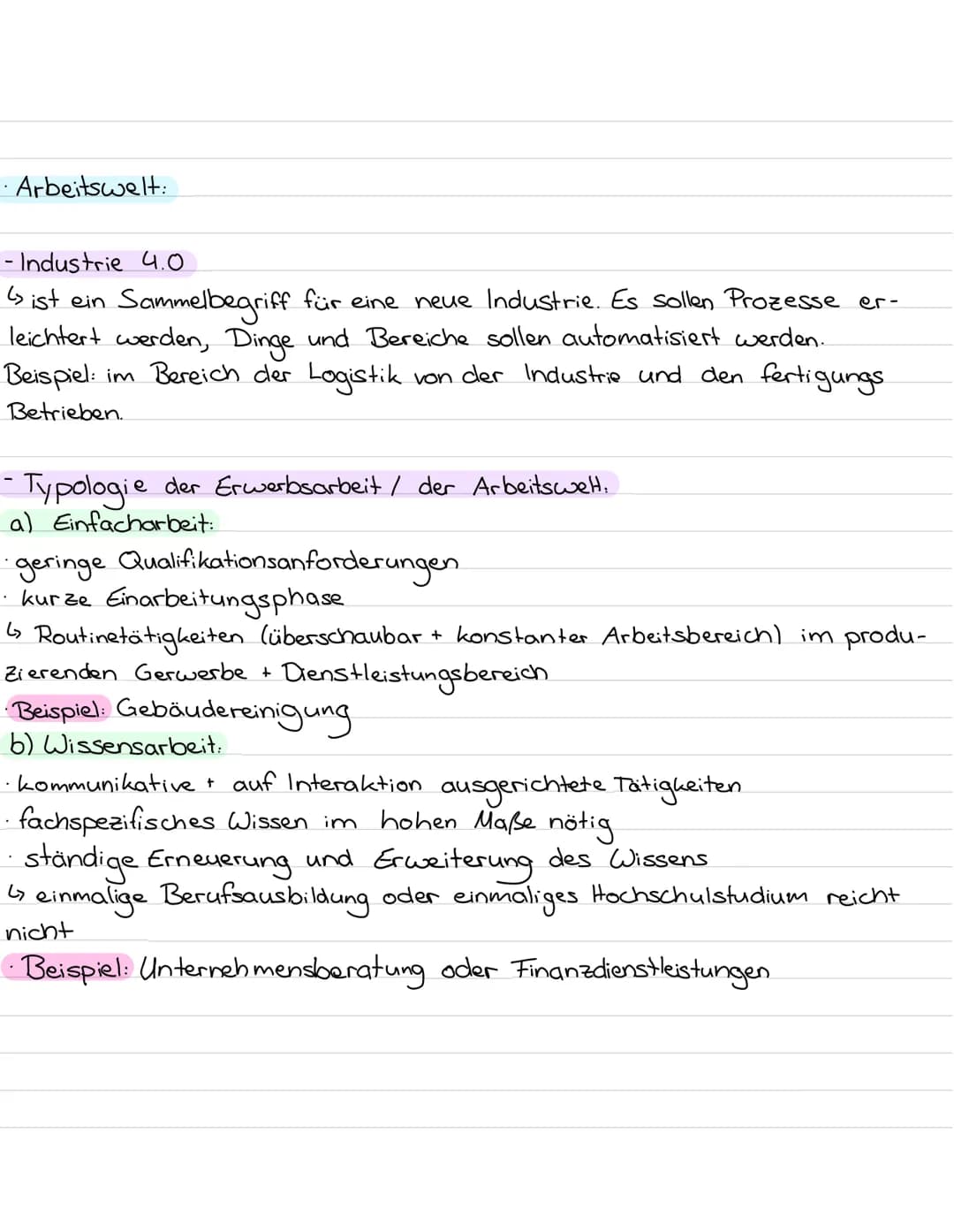 Lernzettel
• Flexibilisierung der Arbeit
• Gender pay gap
• atypische Beschäftigung
• prekäre Arbeit
• Industrie 4.0
• Typologie der Arbeit