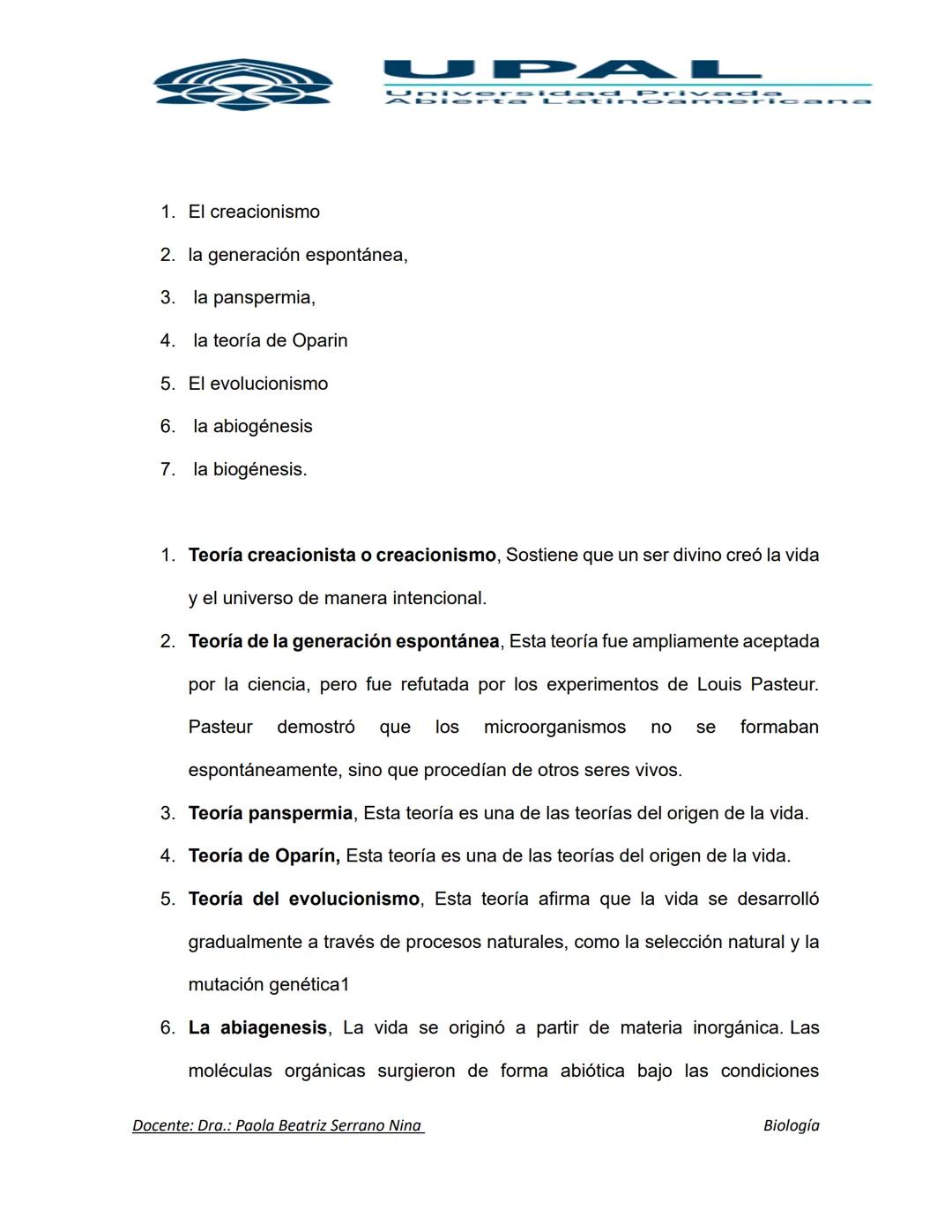 UPAL
Diversidad Privad
MATERIA: BIOLOGIA
DOCENTE: DRA.: PAOLA BEATRIZ SERRANO NINA
CURSO: TEORICO 6
CODIGO: BYF 113
UNIDAD 1
ORIGEN DE LA V
