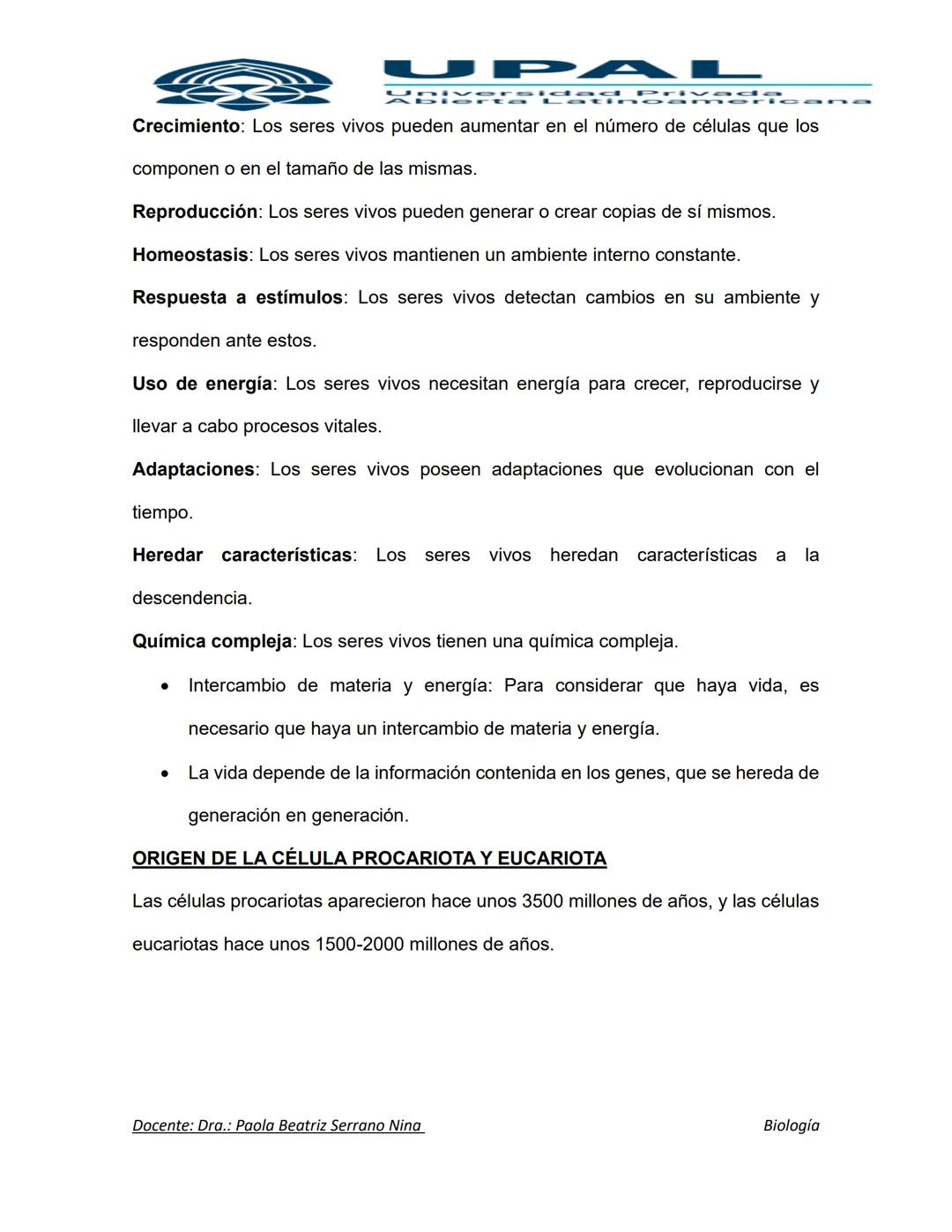 UPAL
Diversidad Privad
MATERIA: BIOLOGIA
DOCENTE: DRA.: PAOLA BEATRIZ SERRANO NINA
CURSO: TEORICO 6
CODIGO: BYF 113
UNIDAD 1
ORIGEN DE LA V