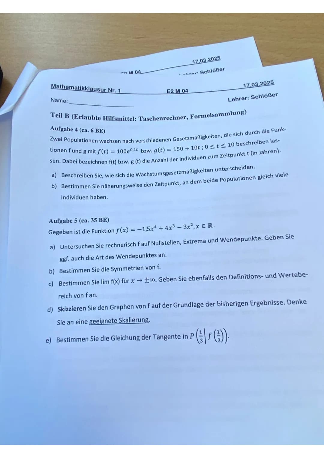 Alle Aufgaben sollen in nachvollziehbarer Weise gelöst werden (d.h. vollständiger Lösungsweg (auch
Nebenrechnungen), schlüssige Begründungen