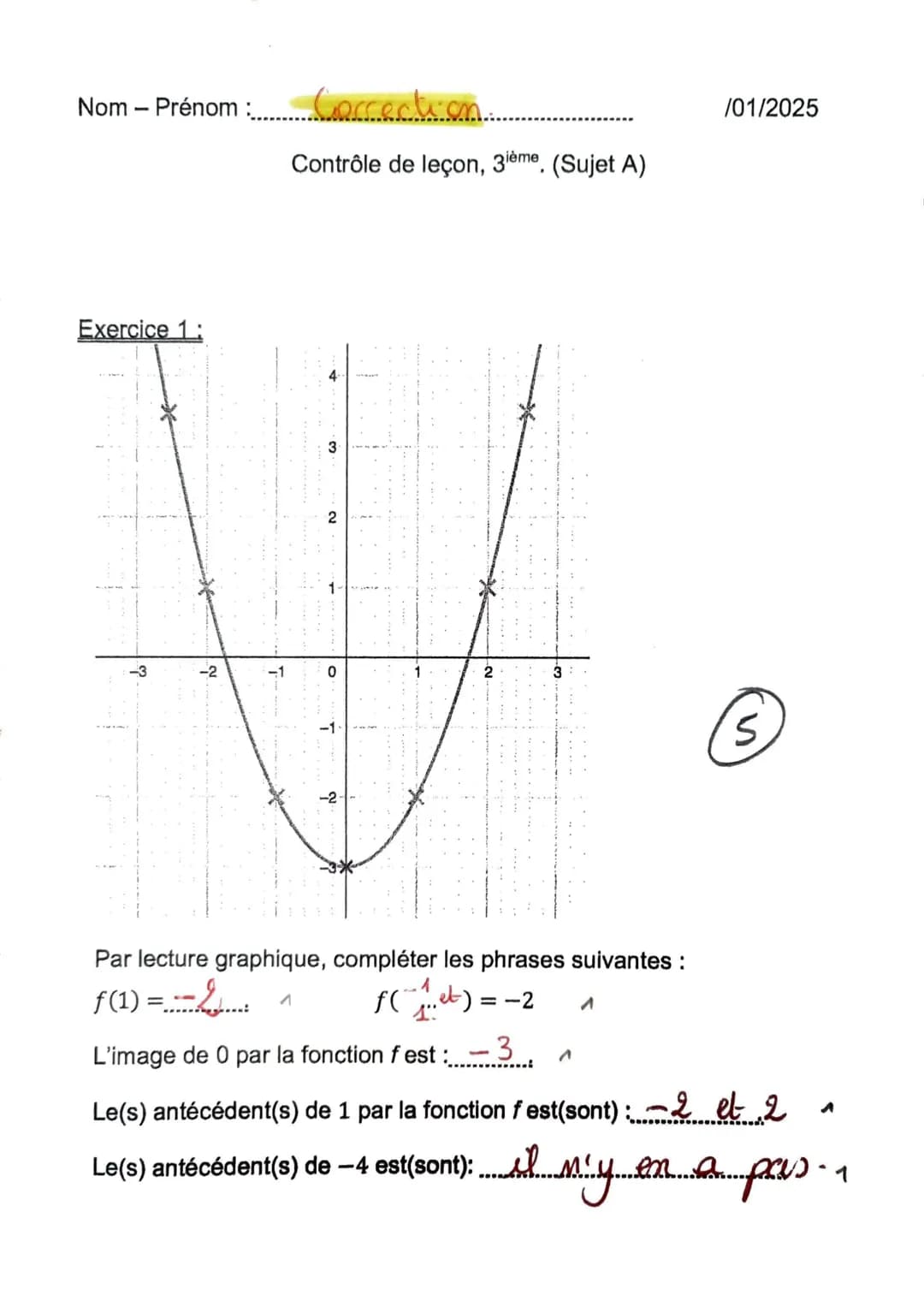 Nom - Prénom :....Correction.
/01/2025
Contrôle de leçon, 3ième. (Sujet A)
Exercice 1:
3
2
-3
-2
-1
0
2
3
-1
5
Par lecture graphiqu