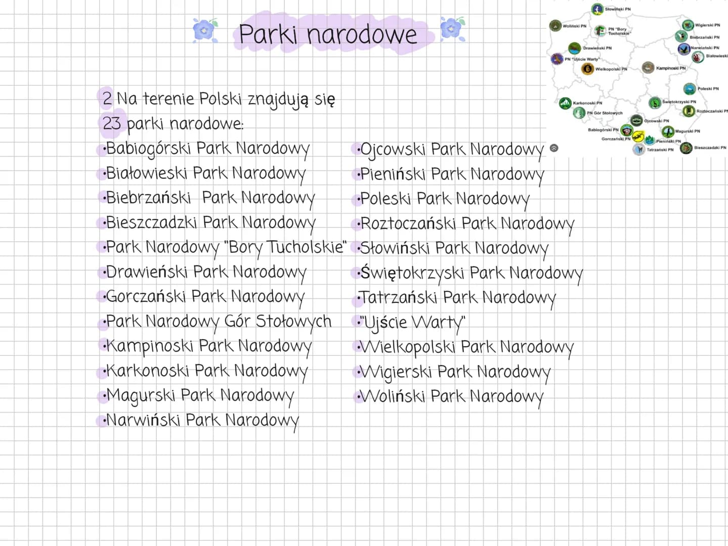 # Parki narodowe
2 Na terenie Polski znajdują się
23 parki narodowe:
- Babiogórski Park Narodowy
- Białowieski Park Narodowy
- Biebrzański