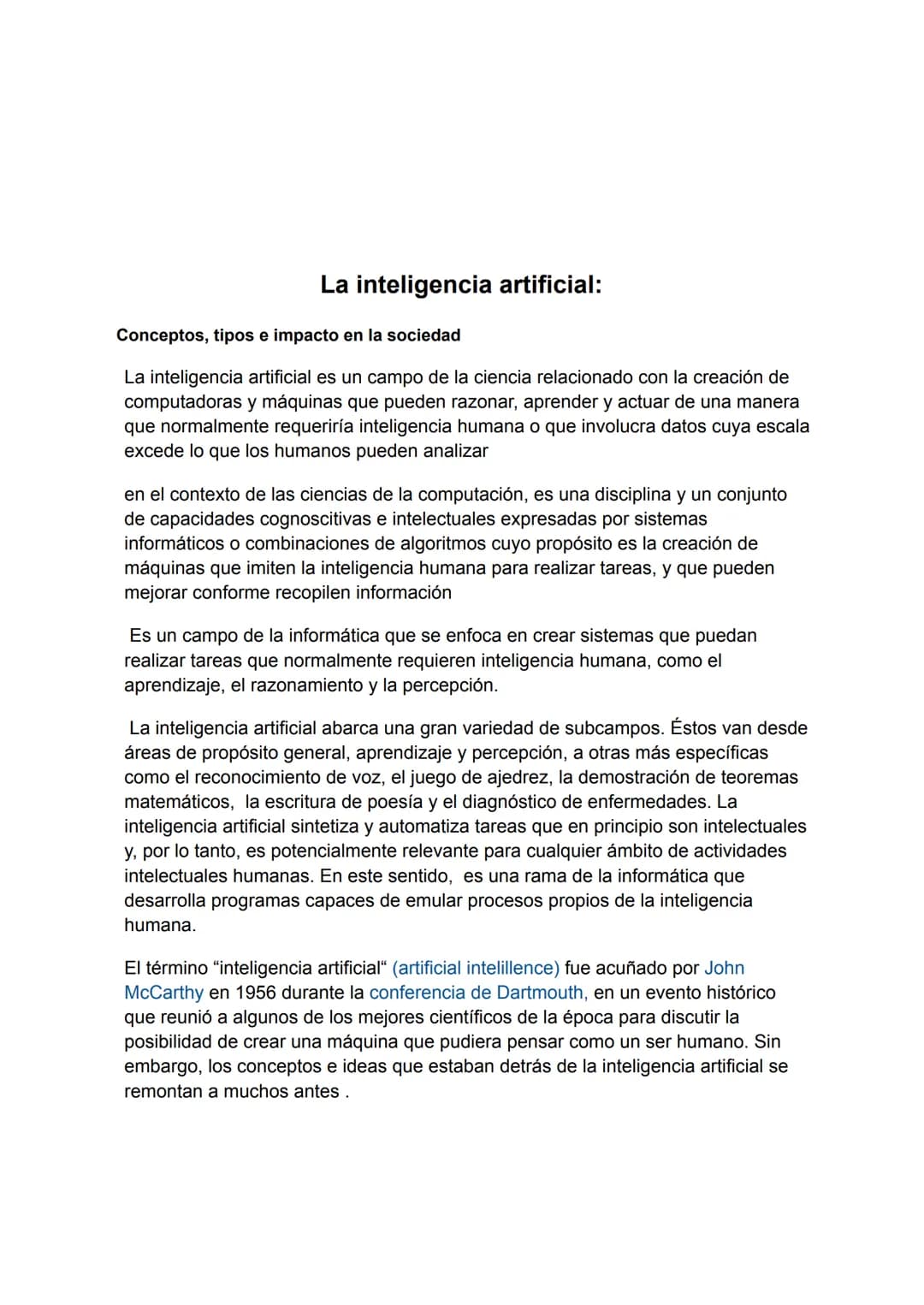 TRABAJO DE INFORMATICA
LA INTELIGENCIA ARTIFICIAL
PARTICIPANTES: ALISSON MENDOZA, MARSHY MUÑOZ, TALIANA
LEIVA 1004
TRABAJO DEL PRIMER PER