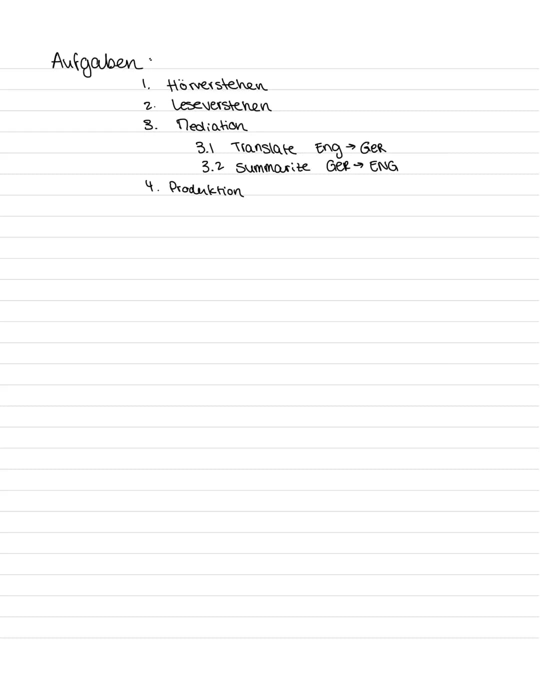 ALEYNA
ENG
ABI Aufgaben
1. Hörverstehen
2. Leseverstehen
3. Nediation
3.1 Translate Eng $\rightarrow$ Ger
3.2 Summarize GeR $\rightar