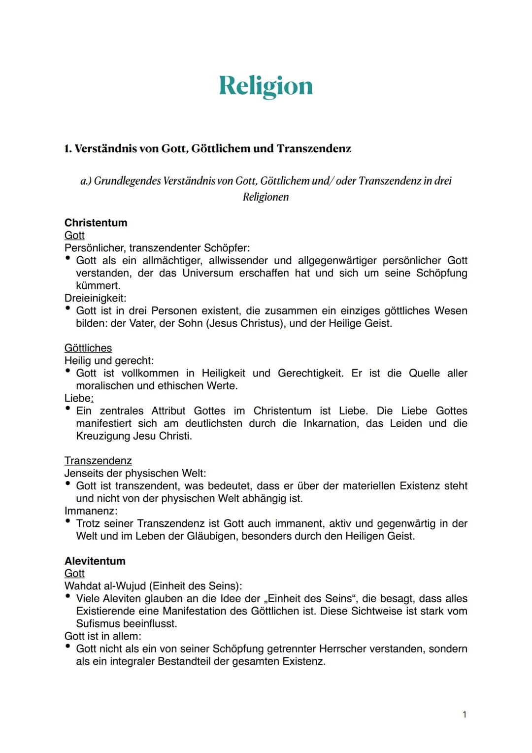 # Religion
1. Verständnis von Gott, Göttlichem und Transzendenz
a.) Grundlegendes Verständnis von Gott, Göttlichem und/oder Transzendenz i