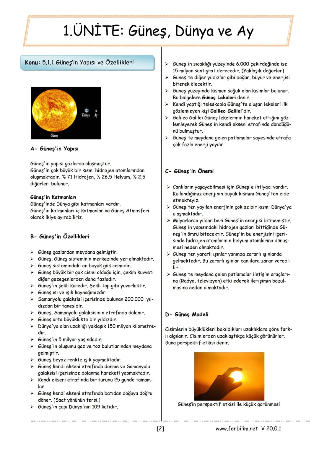 # 5.Sınıf Fen Bilimleri
## Ders Notları
Barış ZEREN
Fen Bilimleri Öğretmeni
www.fenbilim.net V 20.0.1 # 1.ÜNİTE: Güneş, Dünya ve Ay
Konu