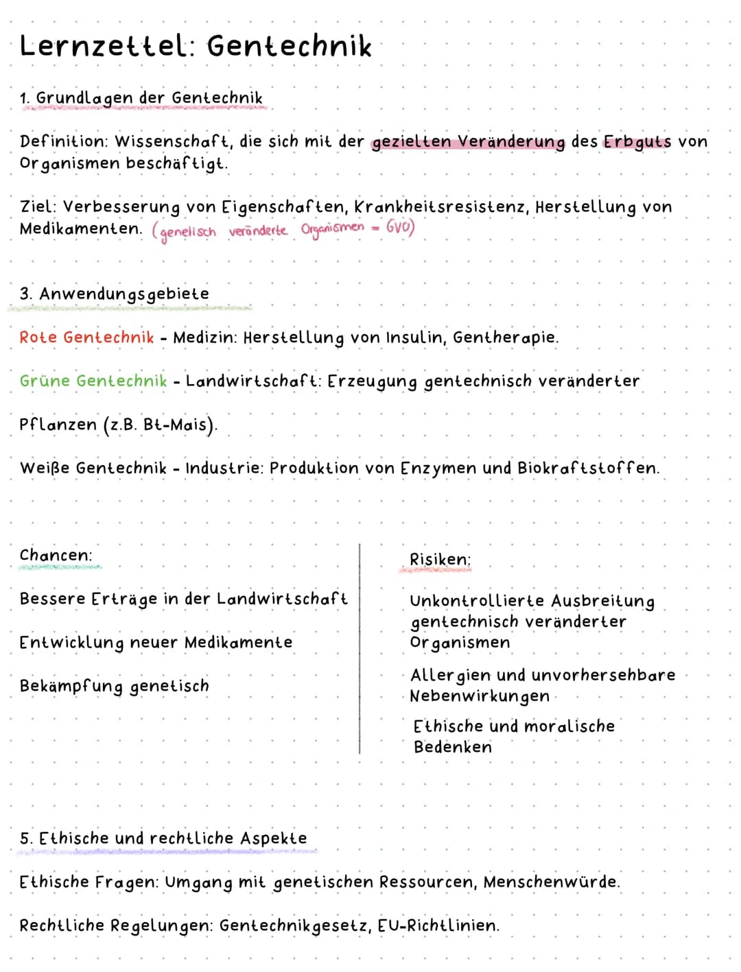 Lernzettel: Gentechnik
1. Grundlagen der Gentechnik
Definition: Wissenschaft, die sich mit der gezielten Veränderung des Erbguts von
Organ