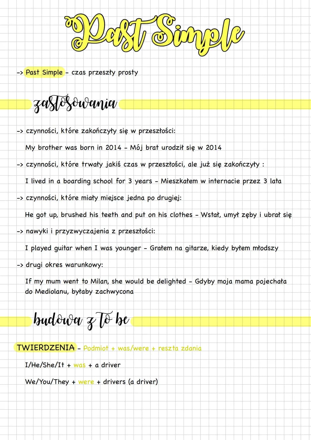 # Past Simple
-> Past Simple - czas przeszły prosty
zastosowania
-> czynności, które zakończyły się w przeszłości:
My brother was born i