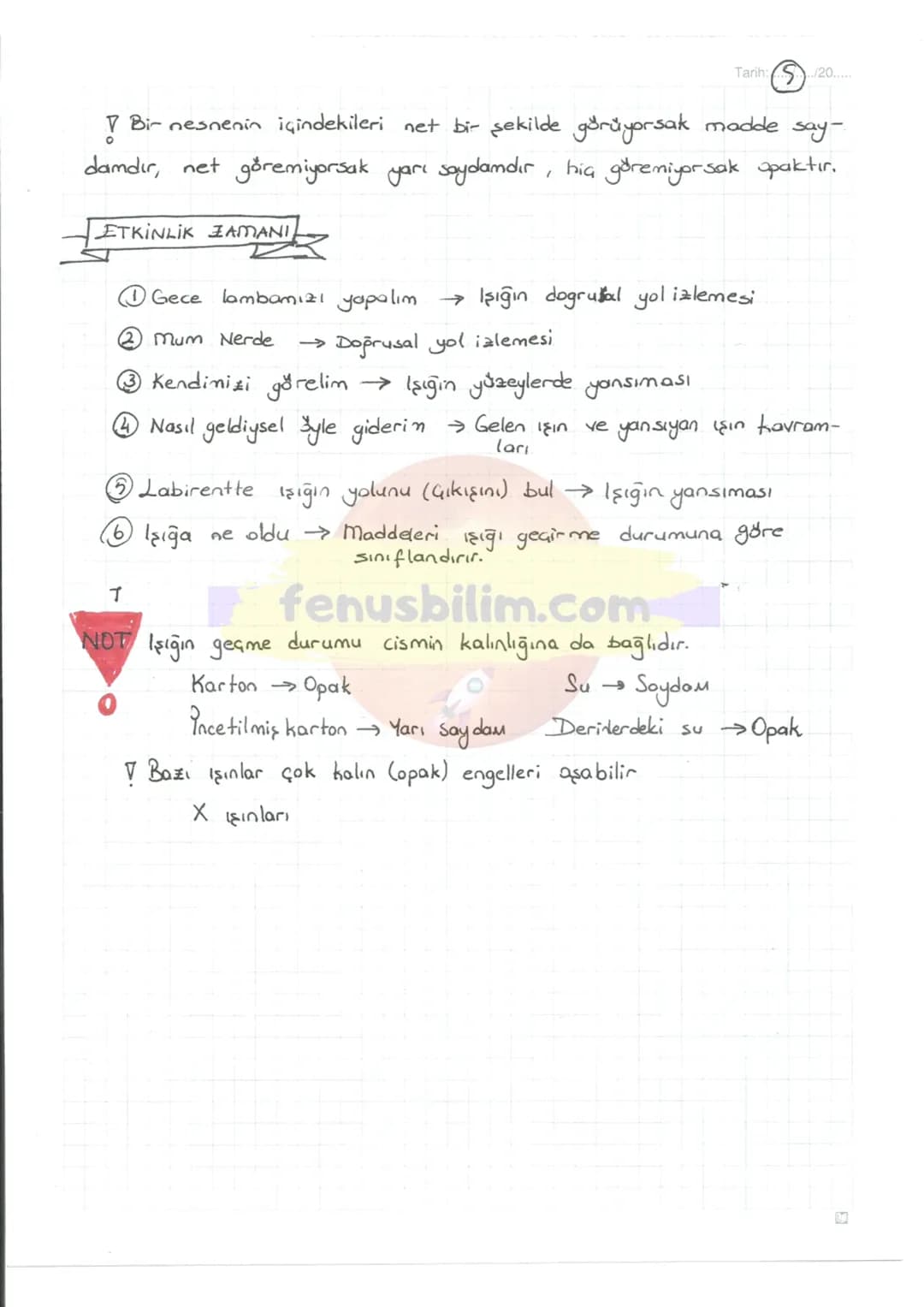 Tarih 20
# IŞIĞIN YAYILMASI
Bir ışık kaynağından çıkan ışınlar dogrusal
olarak her yöne yayılır.
Arabanın far lambasından ve sokak
lambas