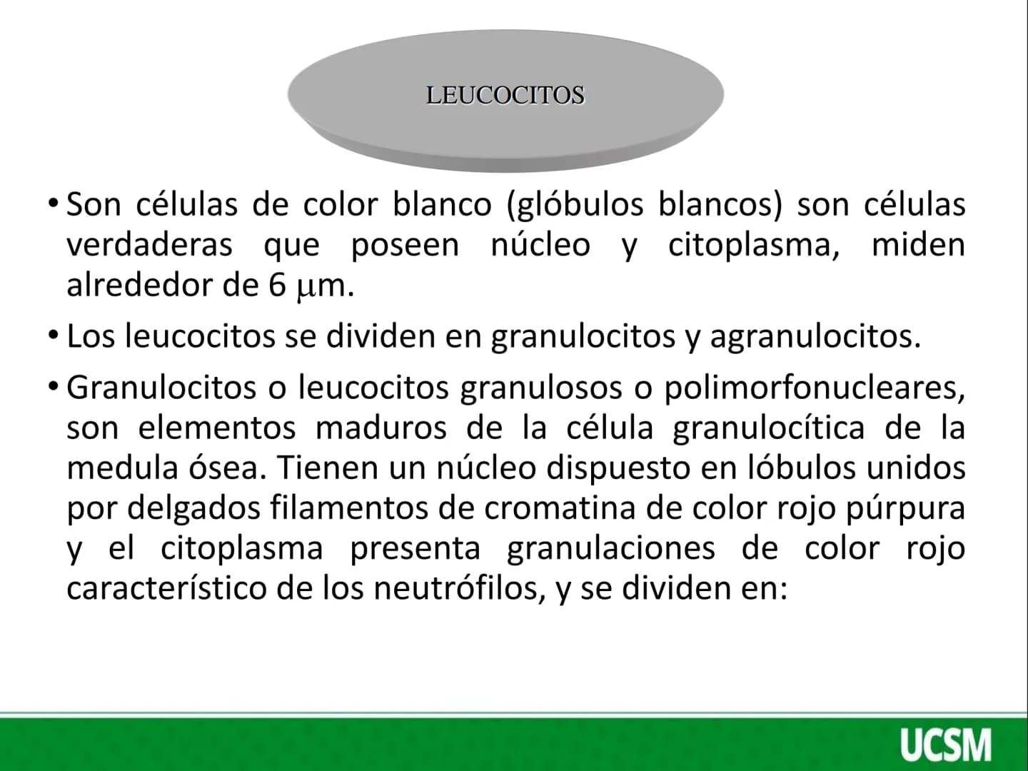 Universidad Católica
de Santa María
FISIOLOGIA DE LA SANGRE 2
Mtro: FERNANDO TORRES VELA LEUCOCITOS
• Son células de color blanco (glóbul