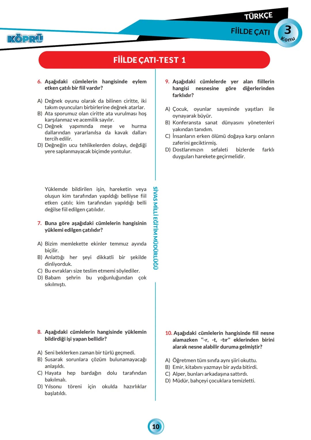 SİVAS VALİLİĞİ
KÖPRÜ
Kurslarda Öğretimin Planlanması ve Rehberlikte Üstünleşme
TÜRKÇE
FASİKÜL 3
Fiilde Çatı
Yayın Kurulu
Alper Aktepe -