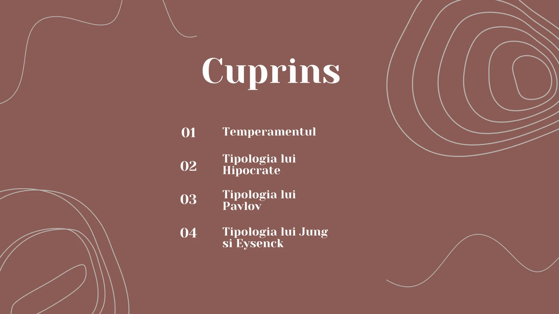 proiect
TEMPERAMENTUL
Prezentat de Gheorghe Alice Cuprins
01 Temperamentul
02 Tipologia lui
Hipocrate
03 Tipologia lui
Pavlov
04 Tipolo