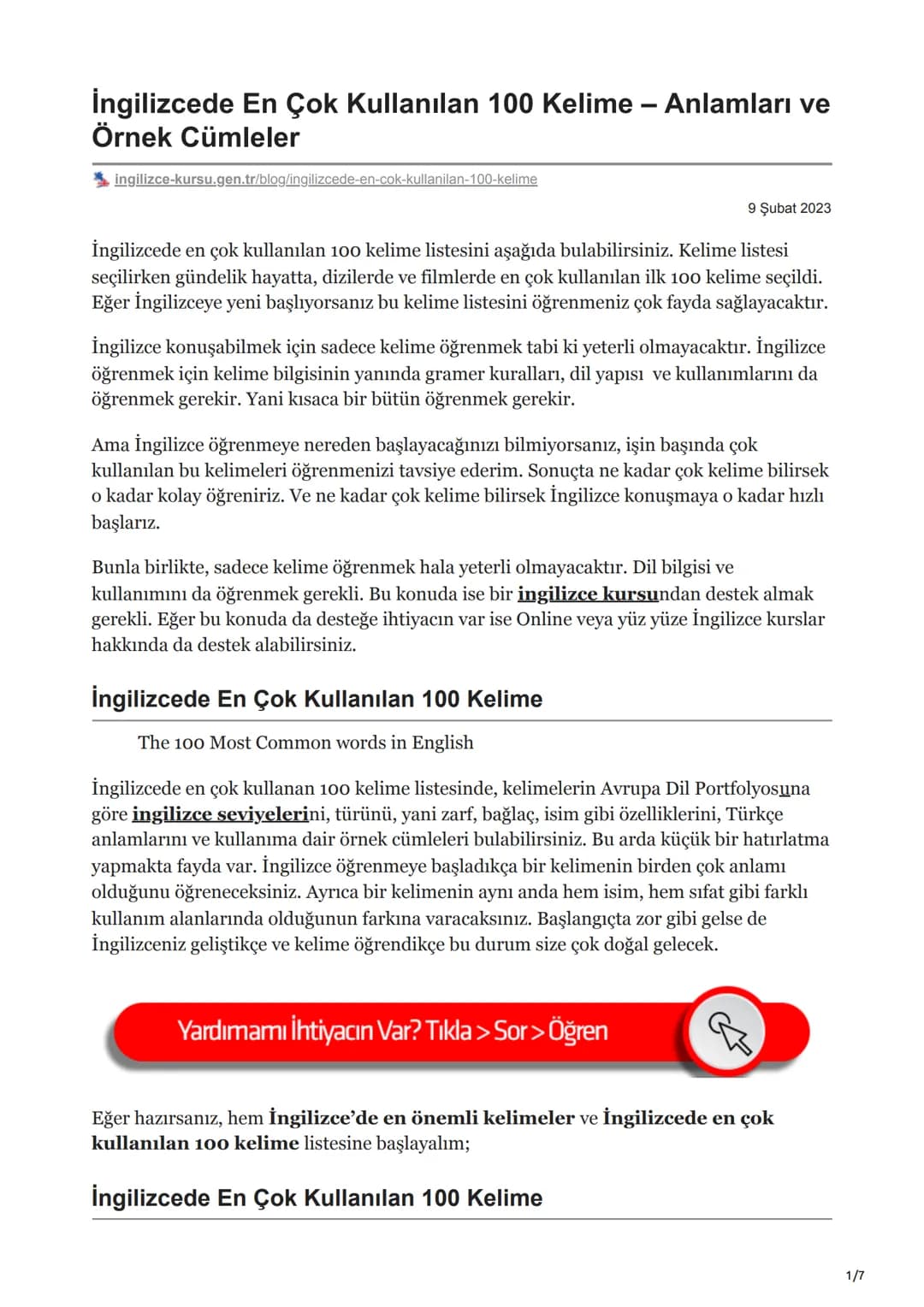 # İngilizcede En Çok Kullanılan 100 Kelime - Anlamları ve
Örnek Cümleler
[ingilizce-kursu.gen.tr/blog/ingilizcede-en-cok-kullanilan-100-keli