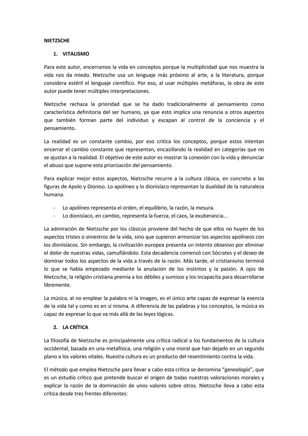 # NIETZSCHE
1. VITALISMO
Para este autor, encerramos la vida en conceptos porque la multiplicidad que nos muestra la
vida nos da miedo. Ni