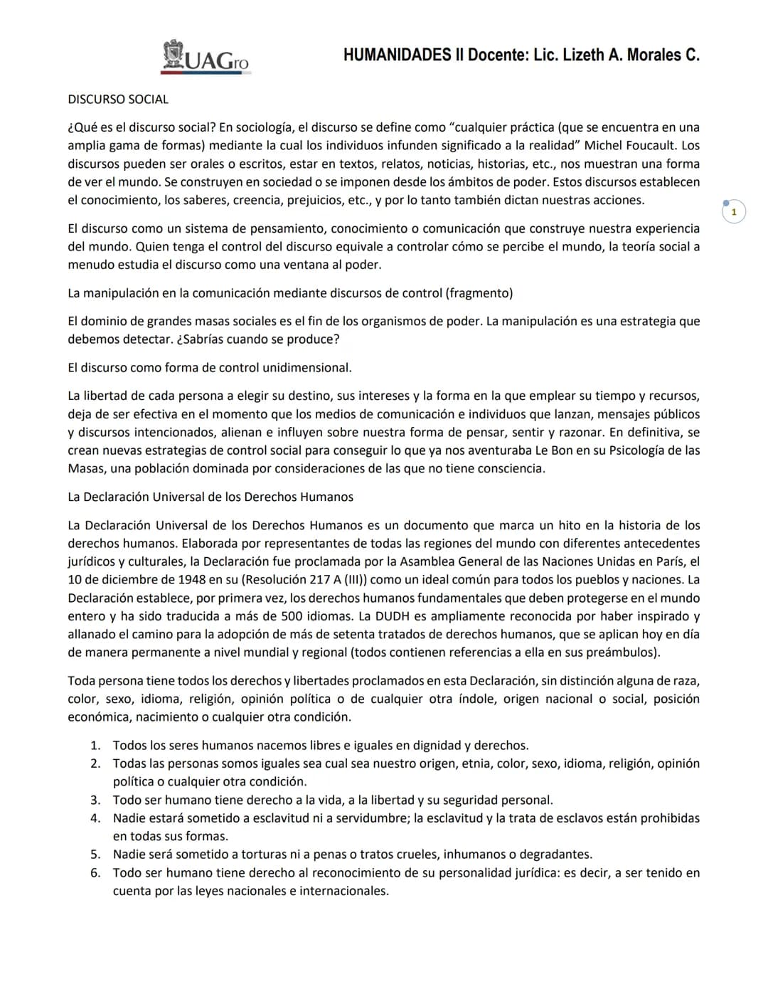 # UAGro
HUMANIDADES II Docente: Lic. Lizeth A. Morales C.
DISCURSO SOCIAL
¿Qué es el discurso social? En sociología, el discurso se defin