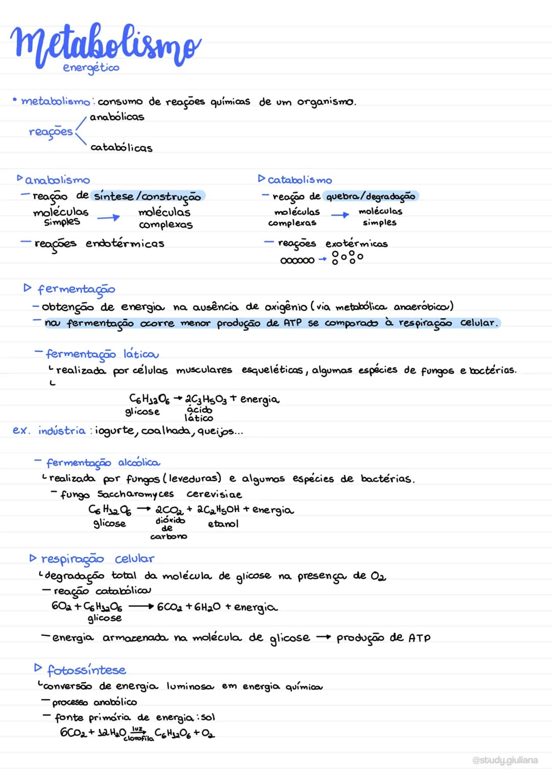 # Metabolismo
energético
* metabolismo: consumo de reações químicas de um organismo.
anabólicas
reações
catabólicas
▷ anabolismo
- re