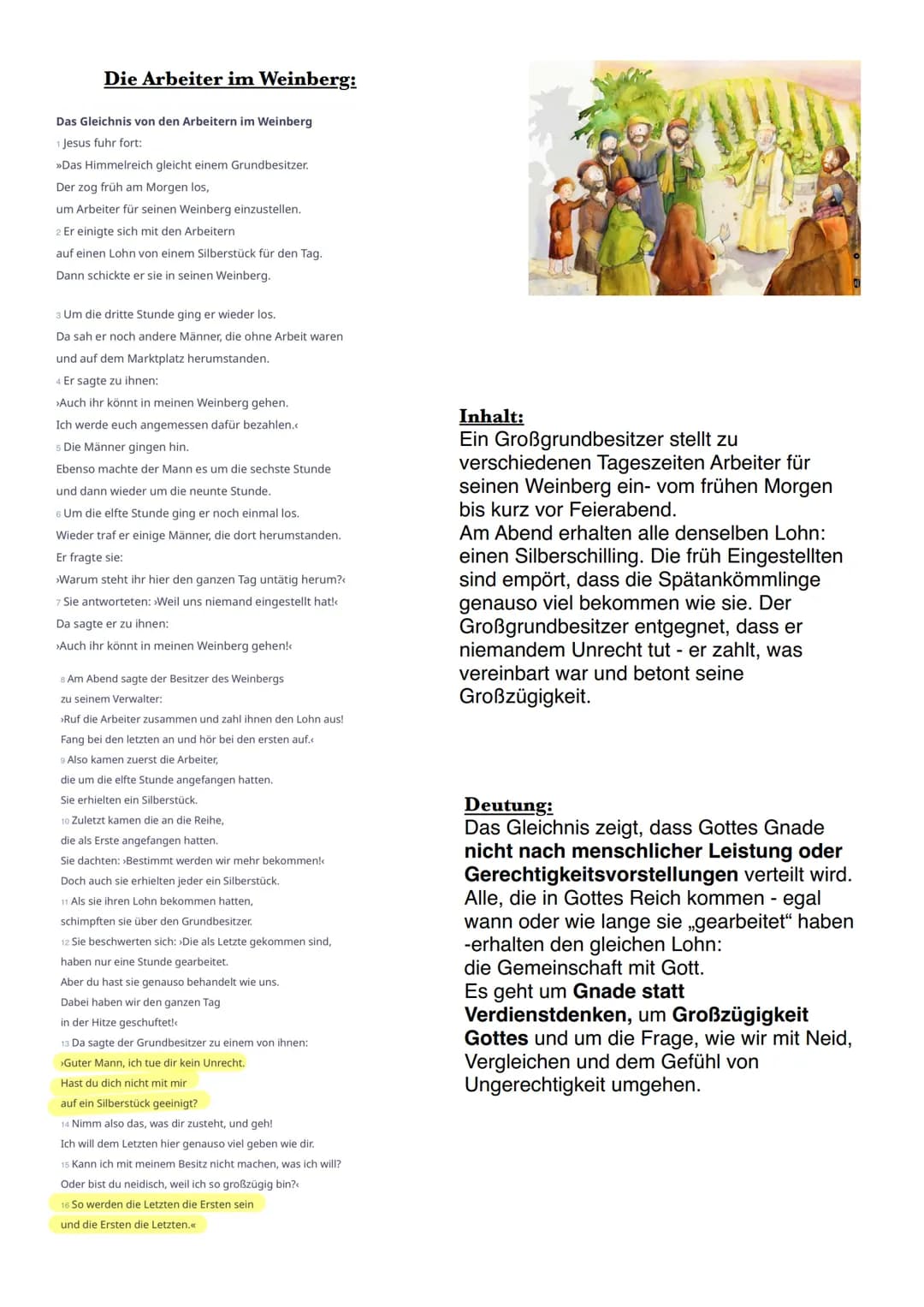 ## Die Arbeiter im Weinberg:
Das Gleichnis von den Arbeitern im Weinberg
Jesus fuhr fort:
>>Das Himmelreich gleicht einem Grundbesitzer.
De