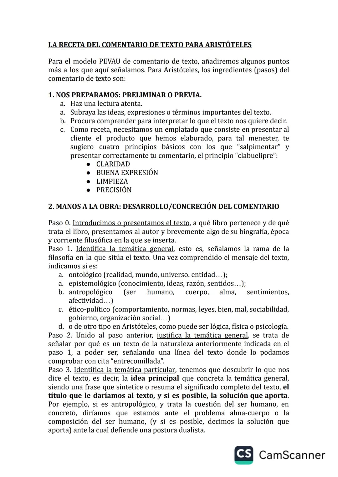 # LA RECETA DEL COMENTARIO DE TEXTO PARA ARISTÓTELES
Para el modelo PEVAU de comentario de texto, añadiremos algunos puntos
más a los que a