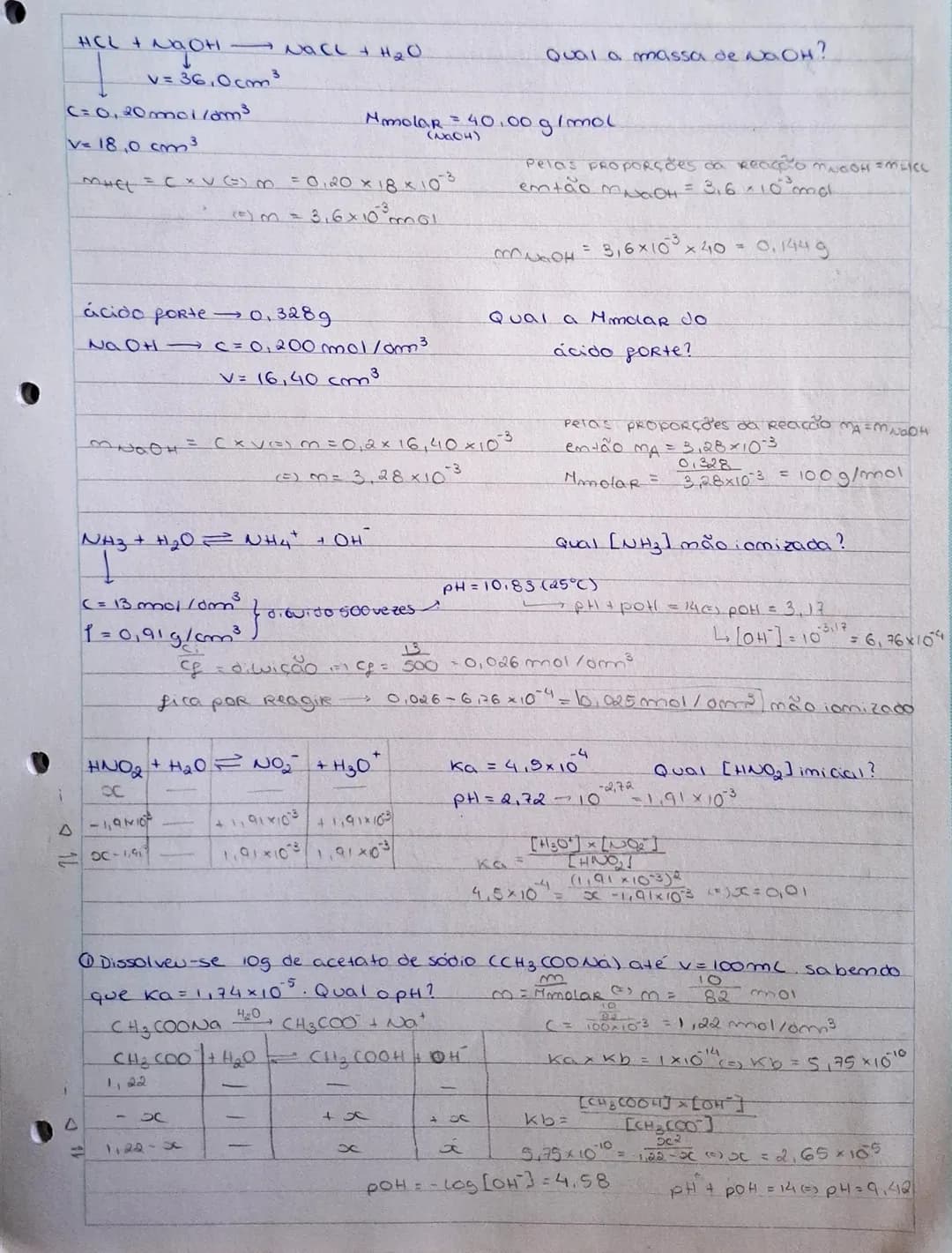 --- OCR Start ---
físico-quimi
EXERCÍCIOS-
Procedeu-se à titulação de 15ml de NaOH com uma solução padrão
de HCL de uma c = 0,45mol/dm³, ten